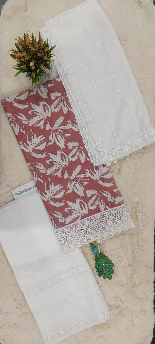 Light Brown Mul Cotton Suit with Designer white Dupatta and Bottom
