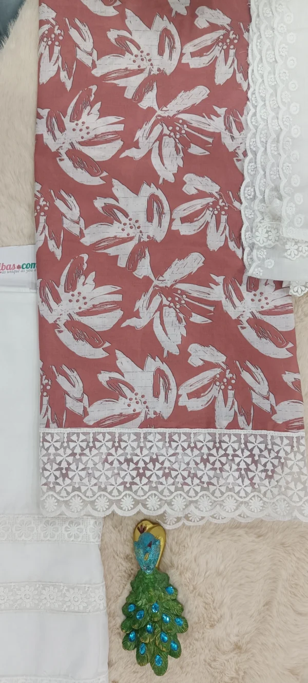Light Brown Mul Cotton Suit with Designer white Dupatta and Bottom - Image 5