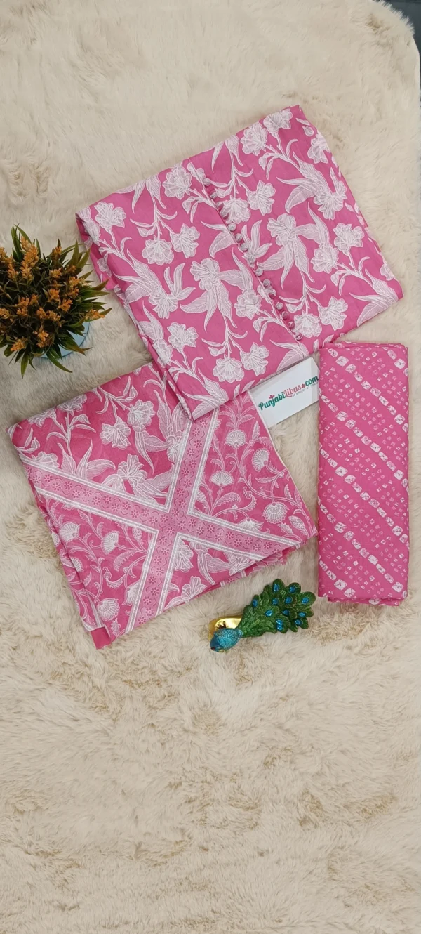 Pink White Cotton Printed Suit