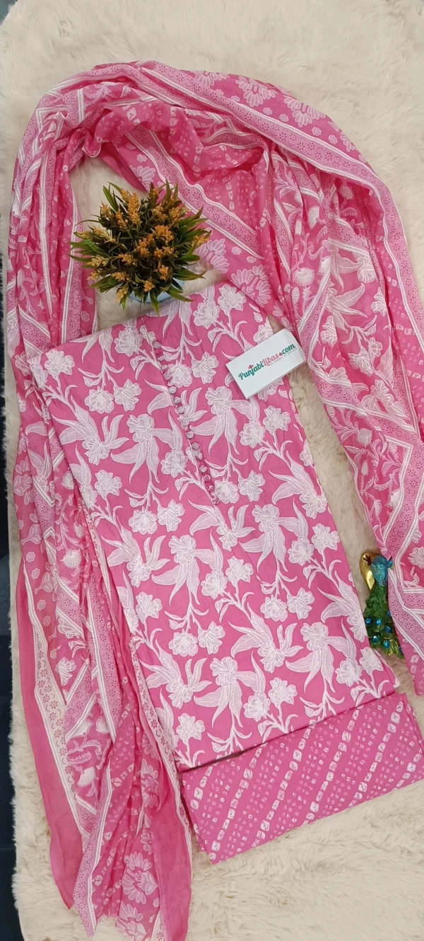 Pink White Cotton Printed Suit