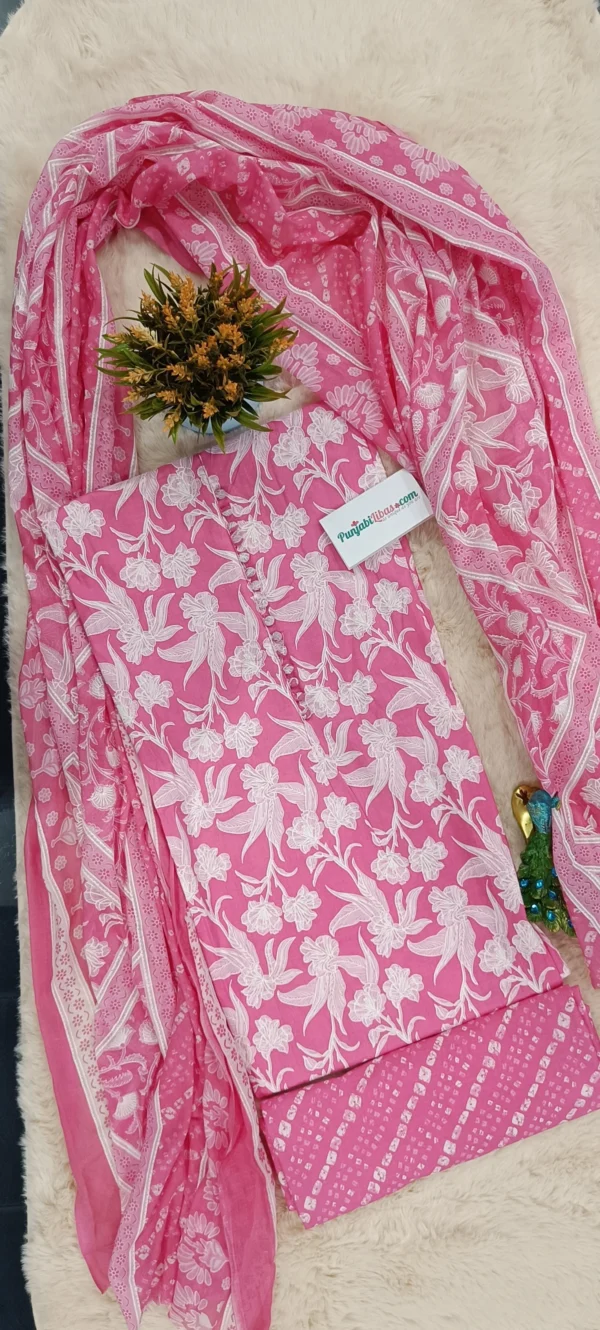 Pink White Cotton Printed Suit