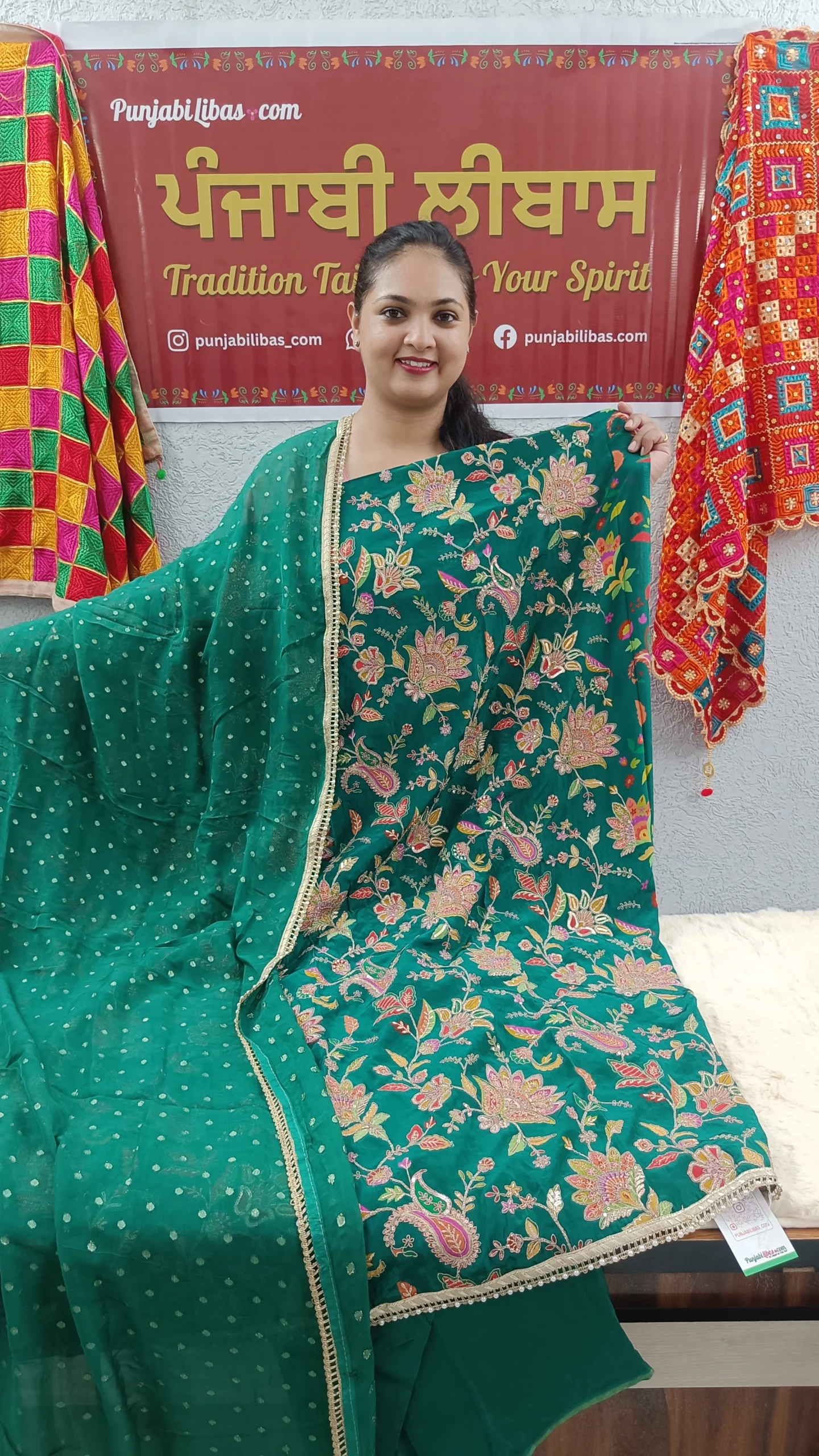 Crepe Fabric | Emerald Green Multicolor Embroidered Suit | Floral & Peacock Mtif | Unstitched