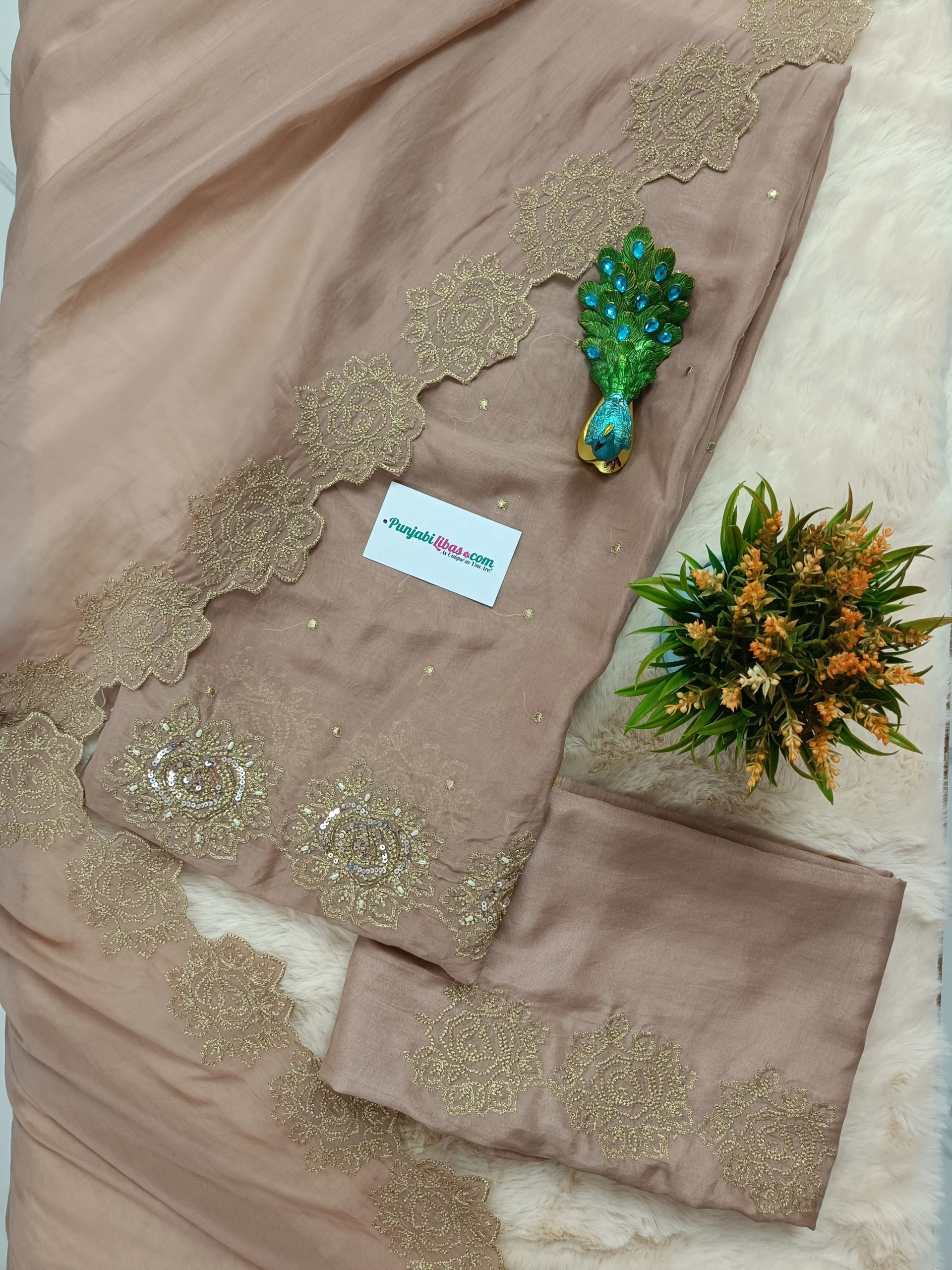 Premium Georgette | Beige Gold | Handcrafted Embroidered | Unstitched Suit