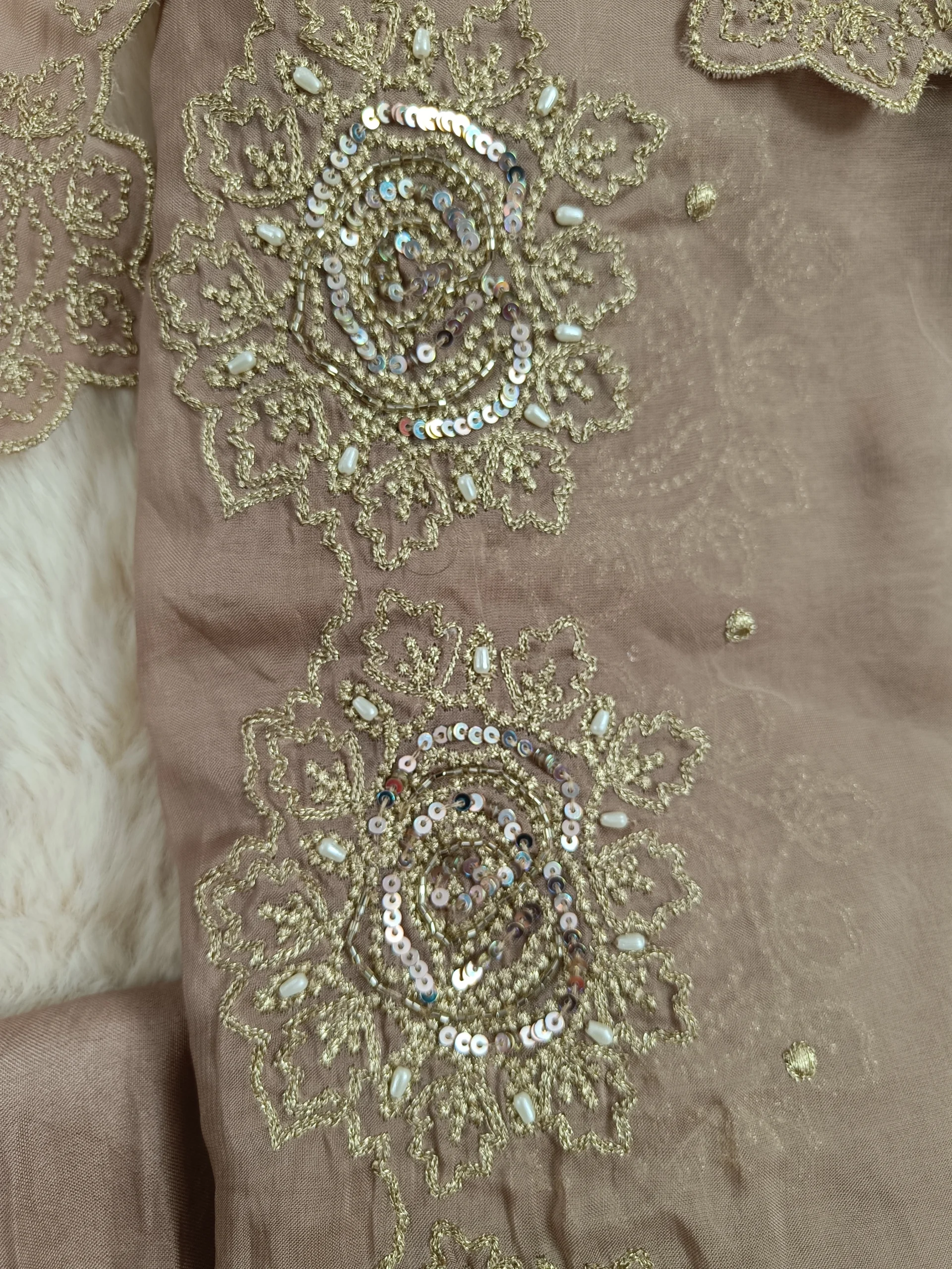 Premium Georgette Beige Gold Handcrafted Embroidered Unstitched Suit