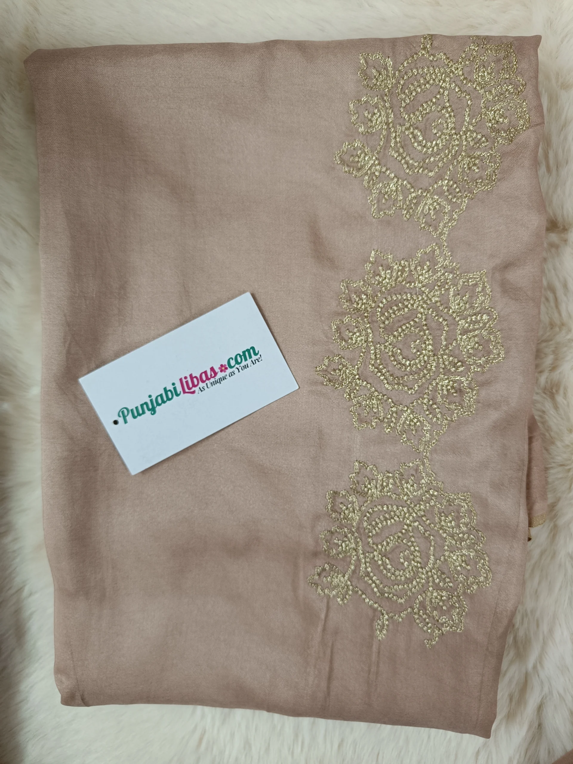 Premium Georgette Beige Gold Handcrafted Embroidered Unstitched Suit