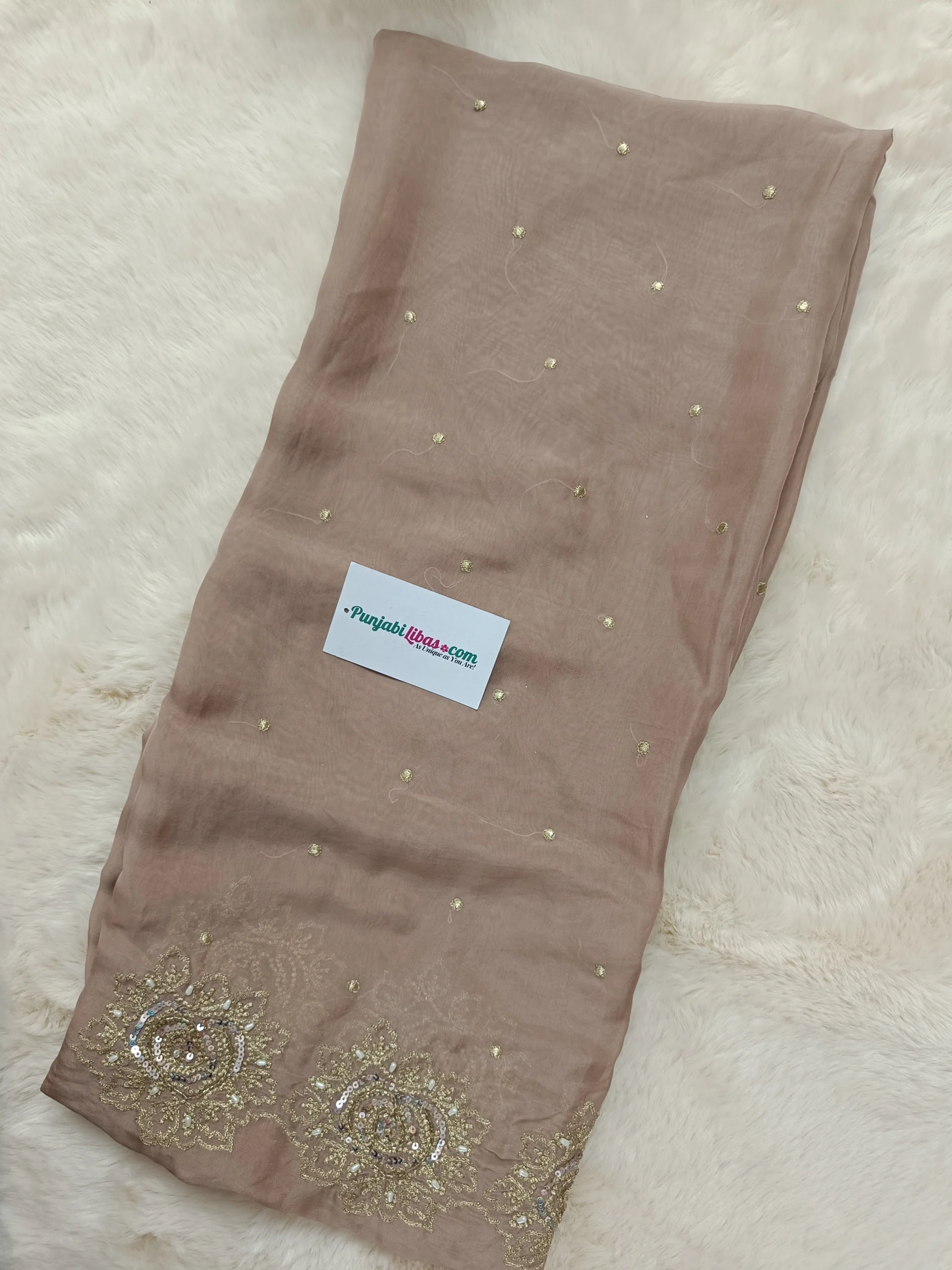 Premium Georgette Beige Gold Handcrafted Embroidered Unstitched Suit