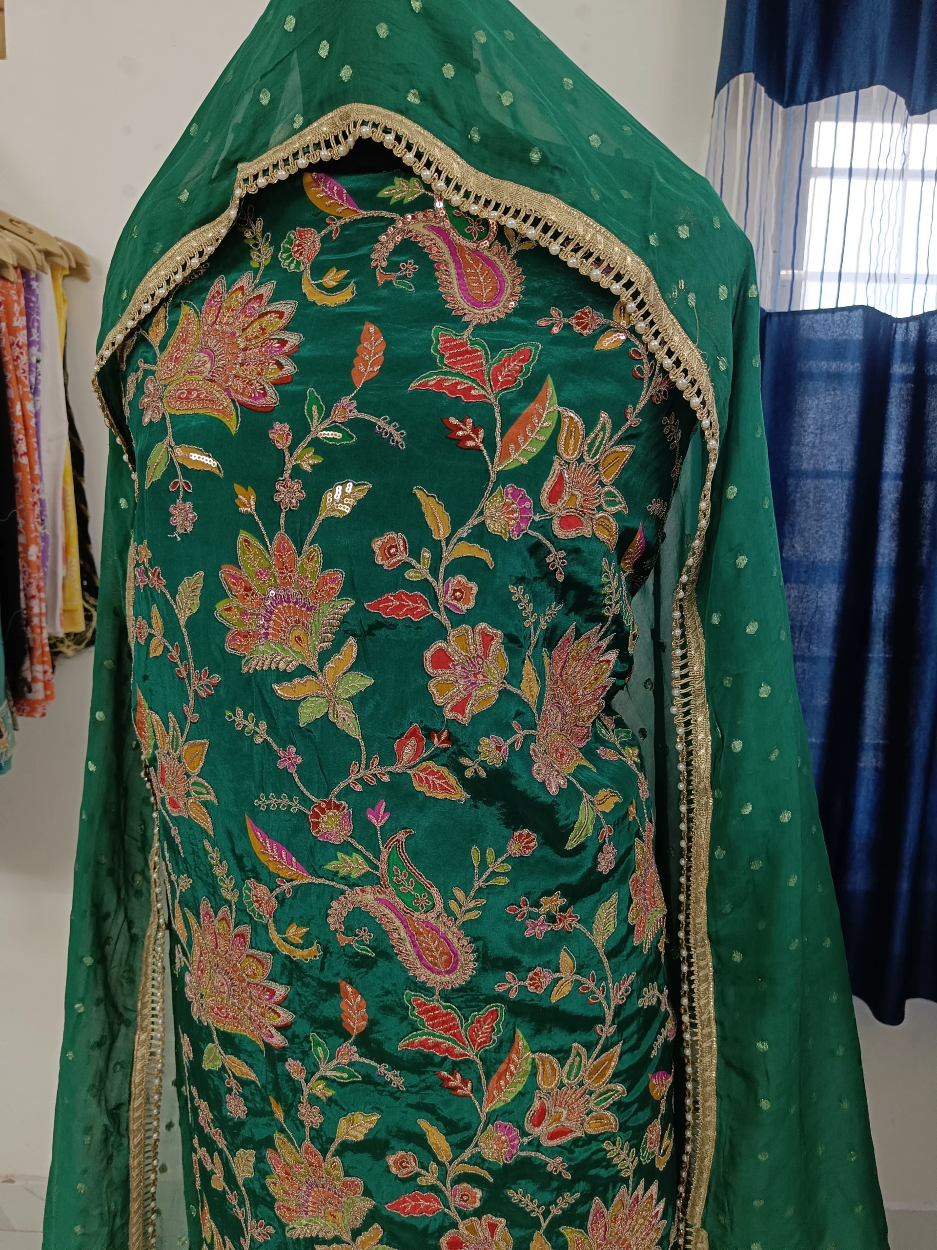 Crepe Fabric | Emerald Green Multicolor Embroidered Suit | Floral & Peacock Mtif | Unstitched