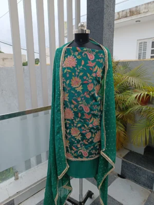 Crepe Fabric | Emerald Green Multicolor Embroidered Suit | Floral & Peacock Mtif | Unstitched