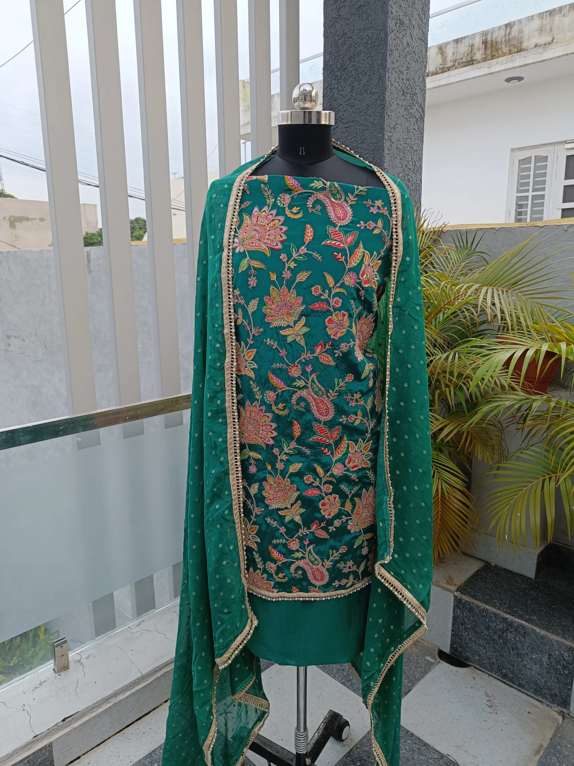 Crepe Fabric | Emerald Green Multicolor Embroidered Suit | Floral & Peacock Mtif | Unstitched