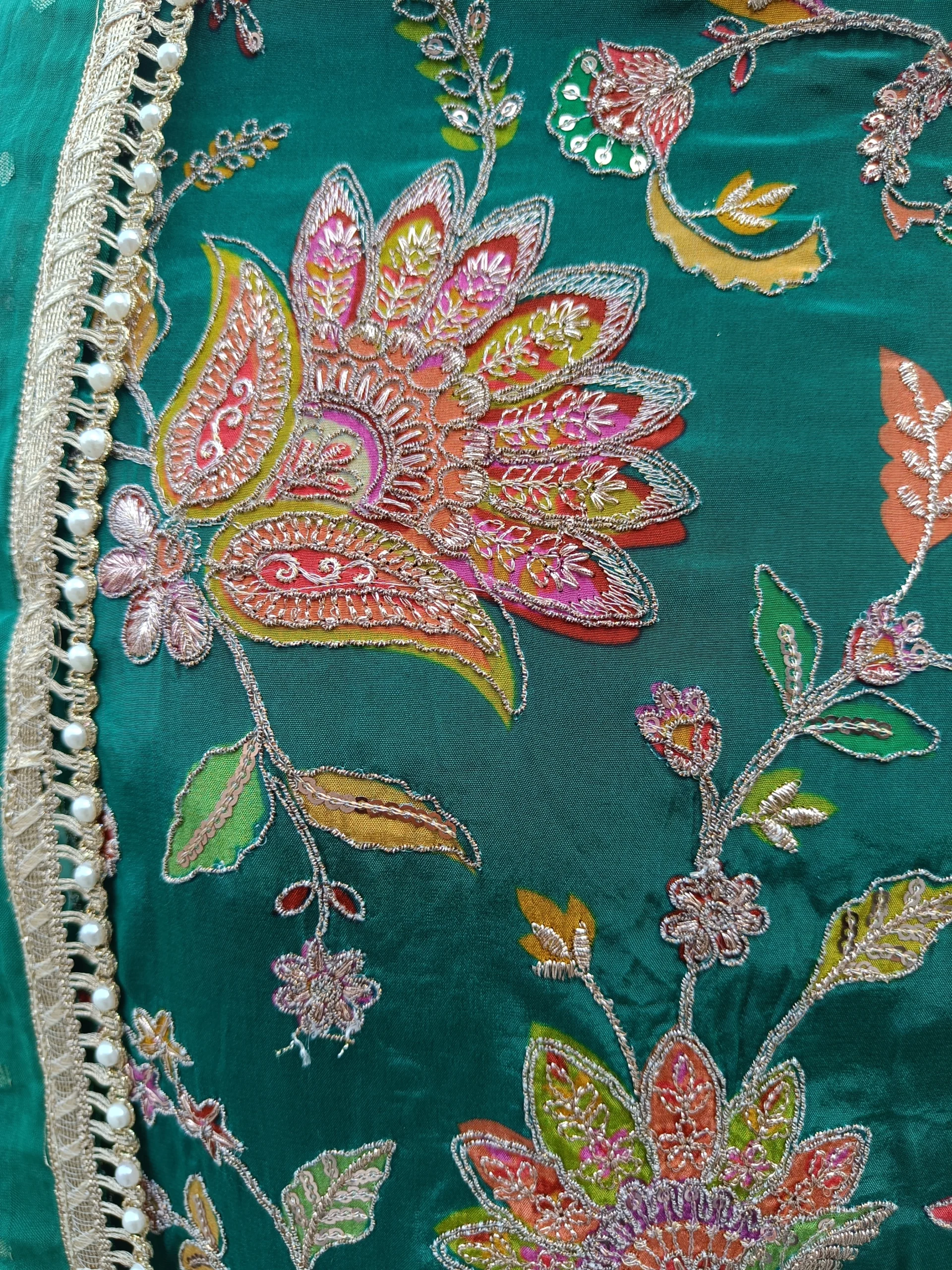 Crepe Fabric | Emerald Green Multicolor Embroidered Suit | Floral & Peacock Mtif | Unstitched