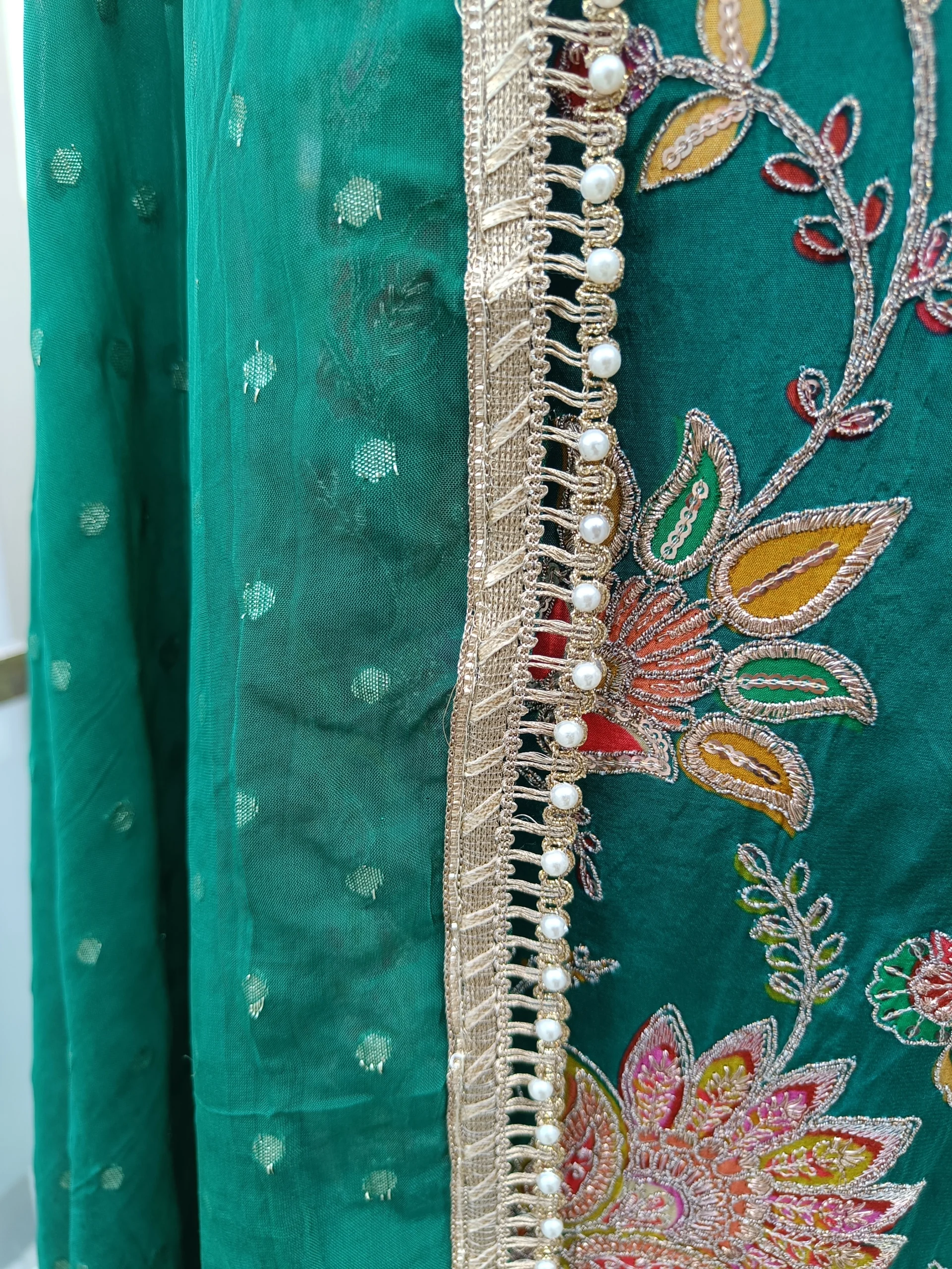 Crepe Fabric | Emerald Green Multicolor Embroidered Suit | Floral & Peacock Mtif | Unstitched