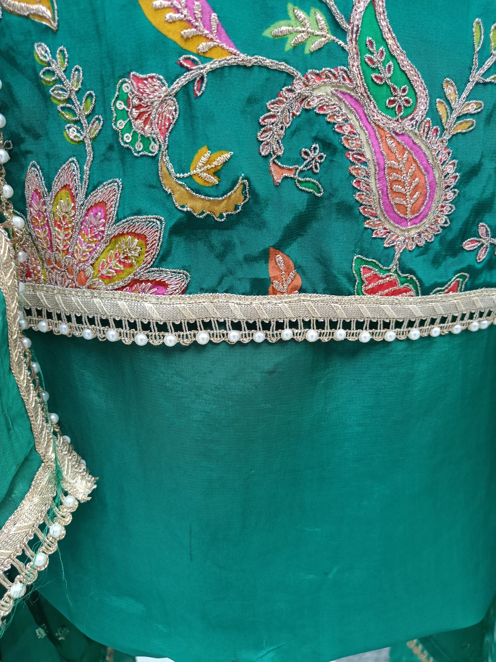 Crepe Fabric | Emerald Green Multicolor Embroidered Suit | Floral & Peacock Mtif | Unstitched