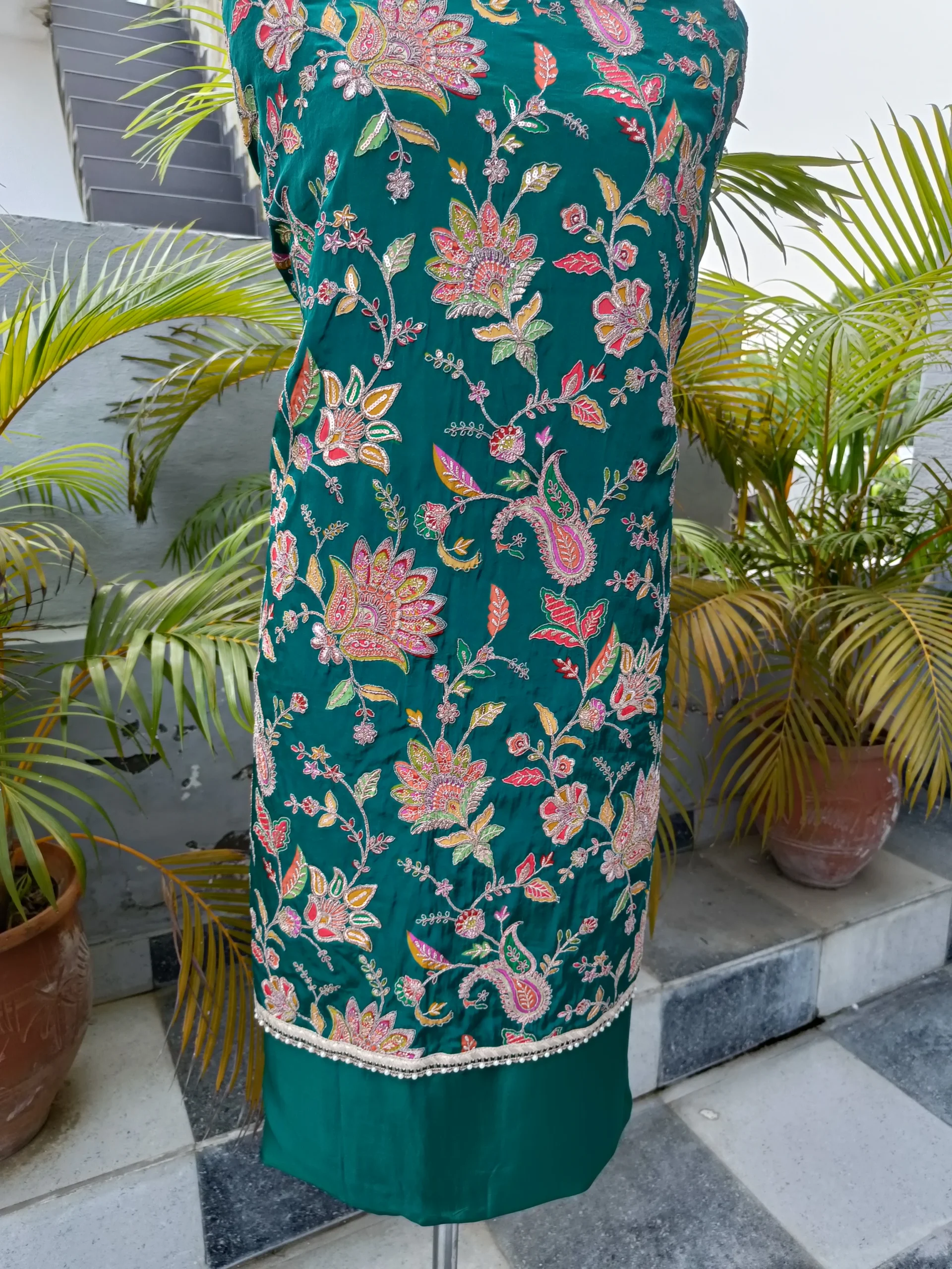 Crepe Fabric | Emerald Green Multicolor Embroidered Suit | Floral & Peacock Mtif | Unstitched