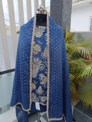 Crepe Fabric | Royal Blue & Gold Embroidered Suit | Floral & Paisley Pattern | Unstitched