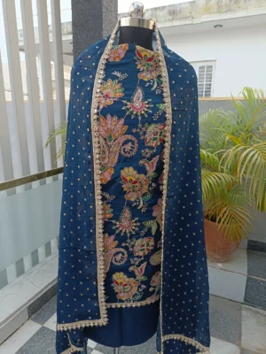 Crepe Fabric | Deep Blue Multicolor Embroidered Suit | Floral & Paisley Machine Work | Unstitched