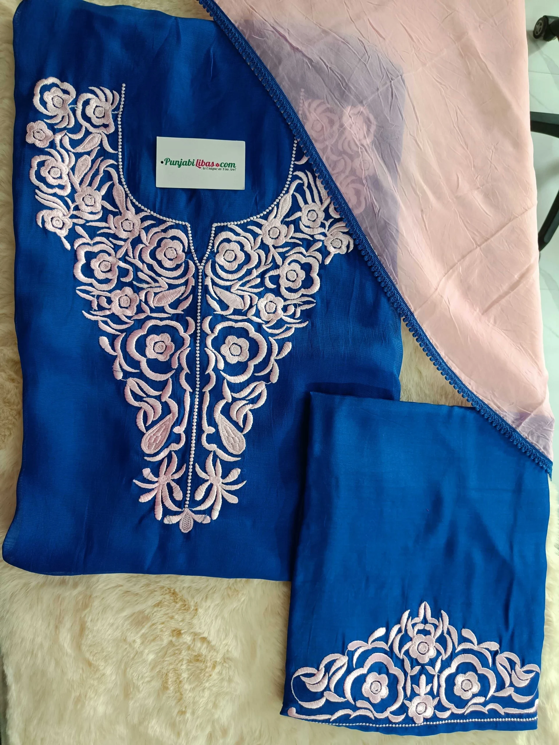 Burberry Fabric | Royal Blue & Pink Ethnic Suit | Thread Embroidered Floral Design | Unstitched Suit