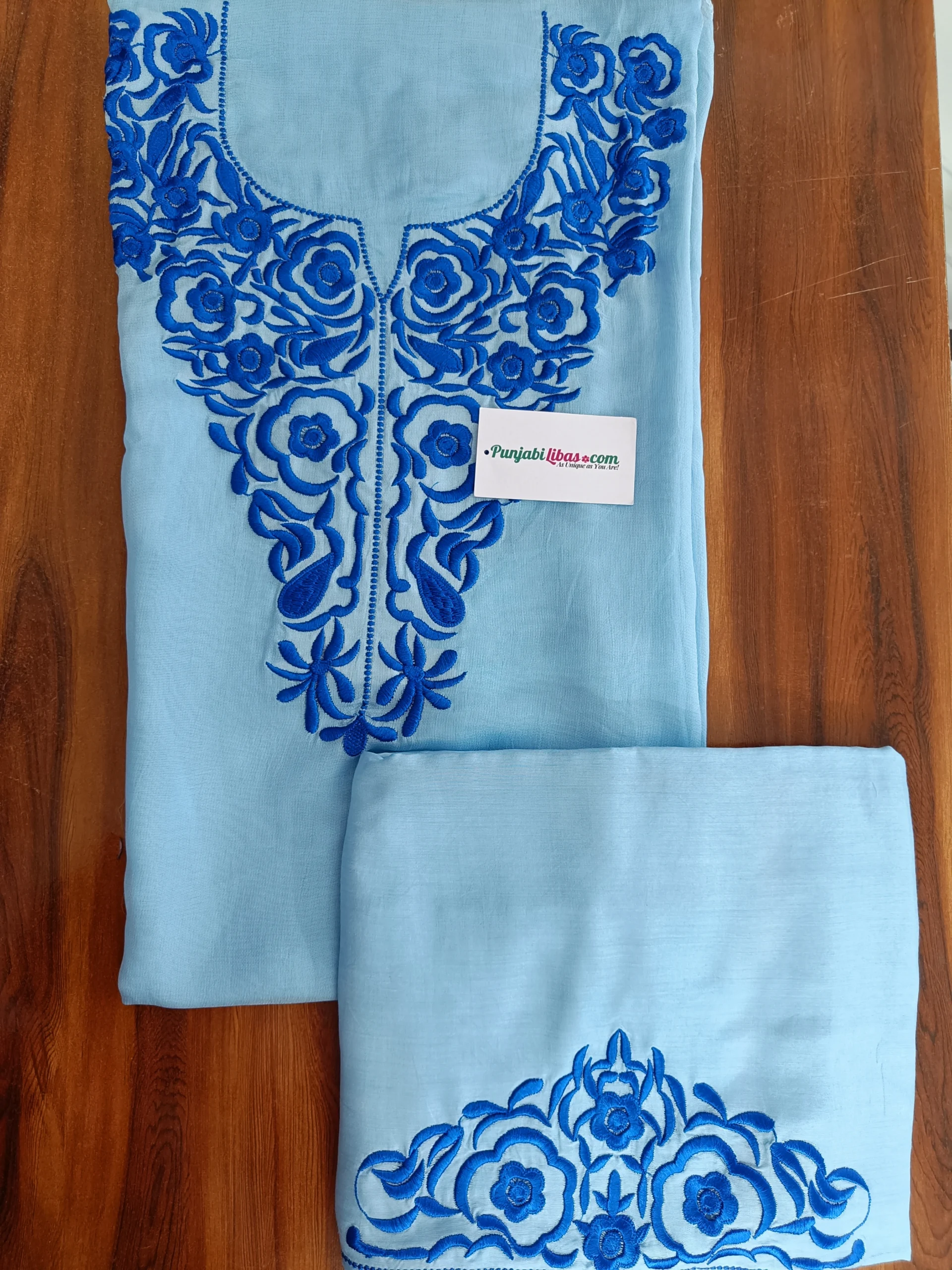 Burberry Fabric | Sky Blue & Royal Blue Ethnic Suit | Thread Embroidered Floral Design | Unstitched Suit