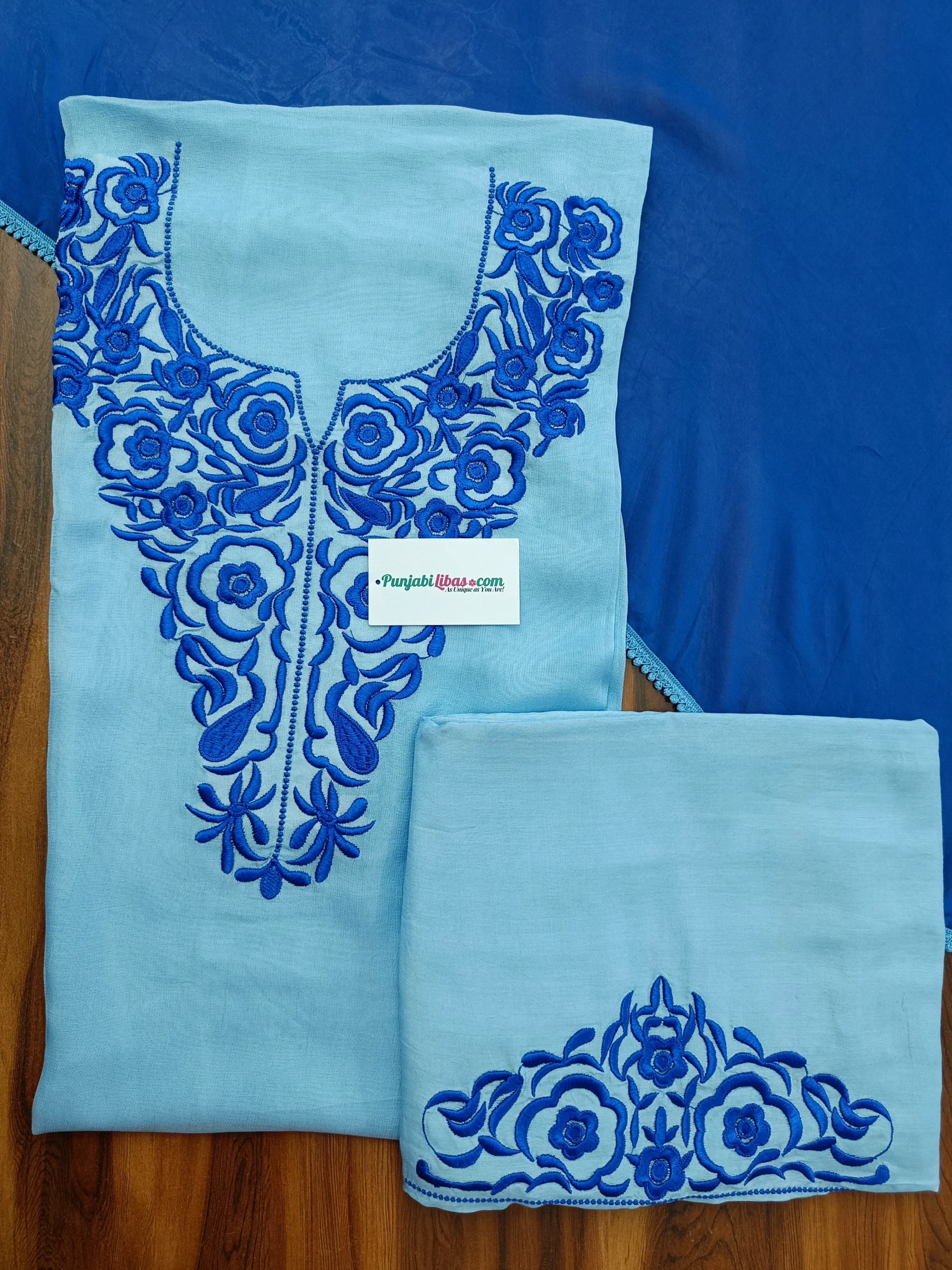 Burberry Fabric | Sky Blue & Royal Blue Ethnic Suit | Thread Embroidered Floral Design | Unstitched Suit
