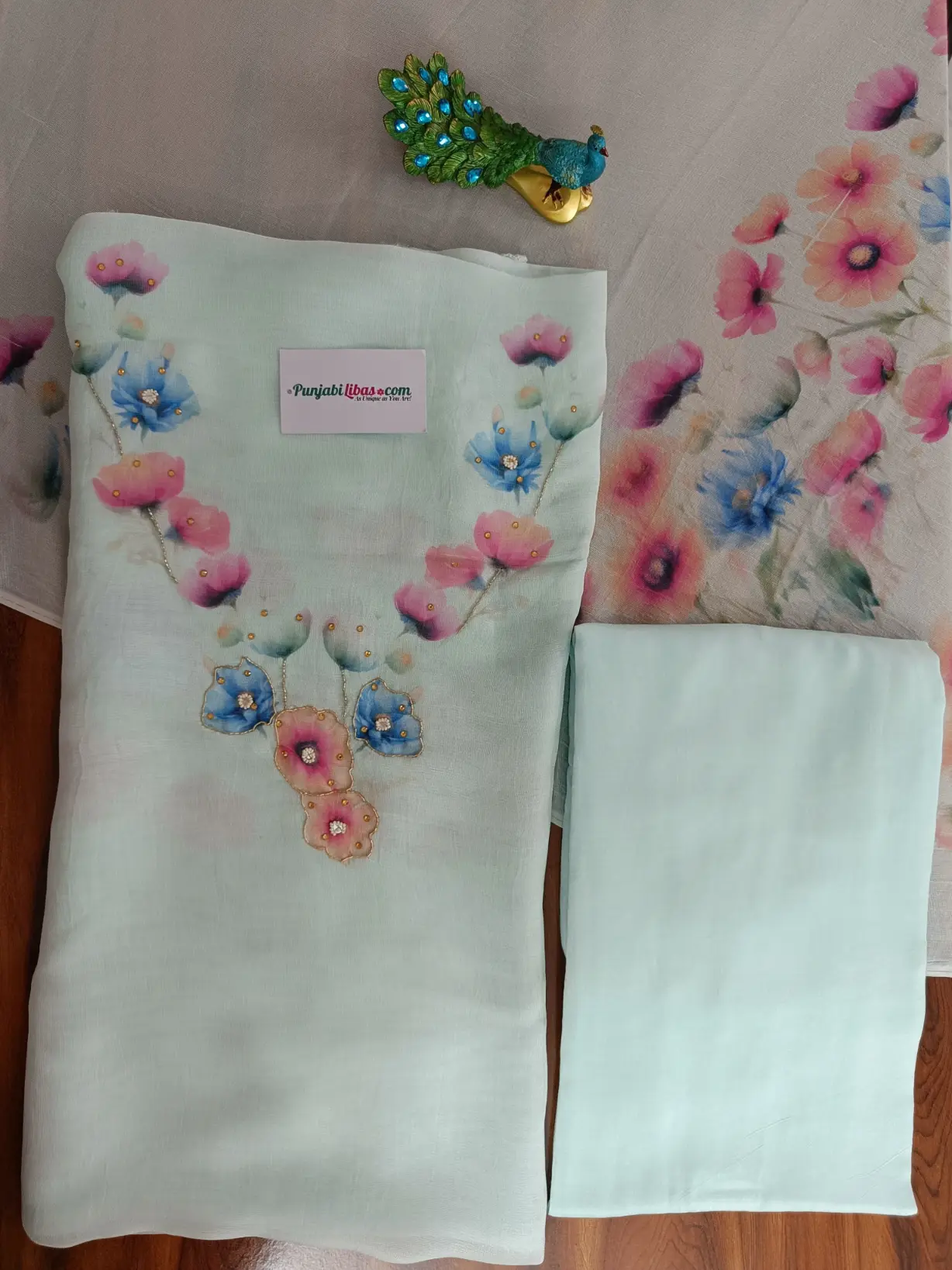 Unstitched Burberry Suit Light Pista Green, Floral Embroidered Punjabi Suit