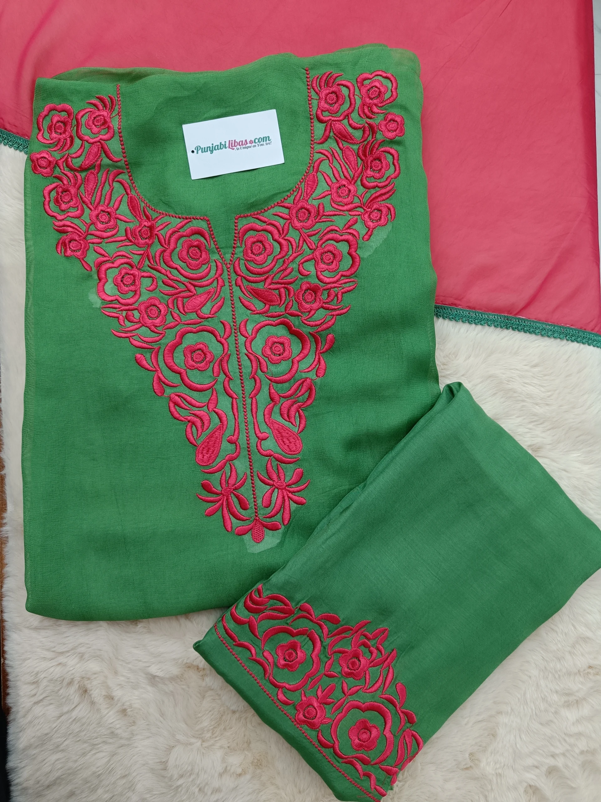 Burberry Suit | Green & Red Ethnic Suit | Thread Embroidered Floral Design | Unstitched
