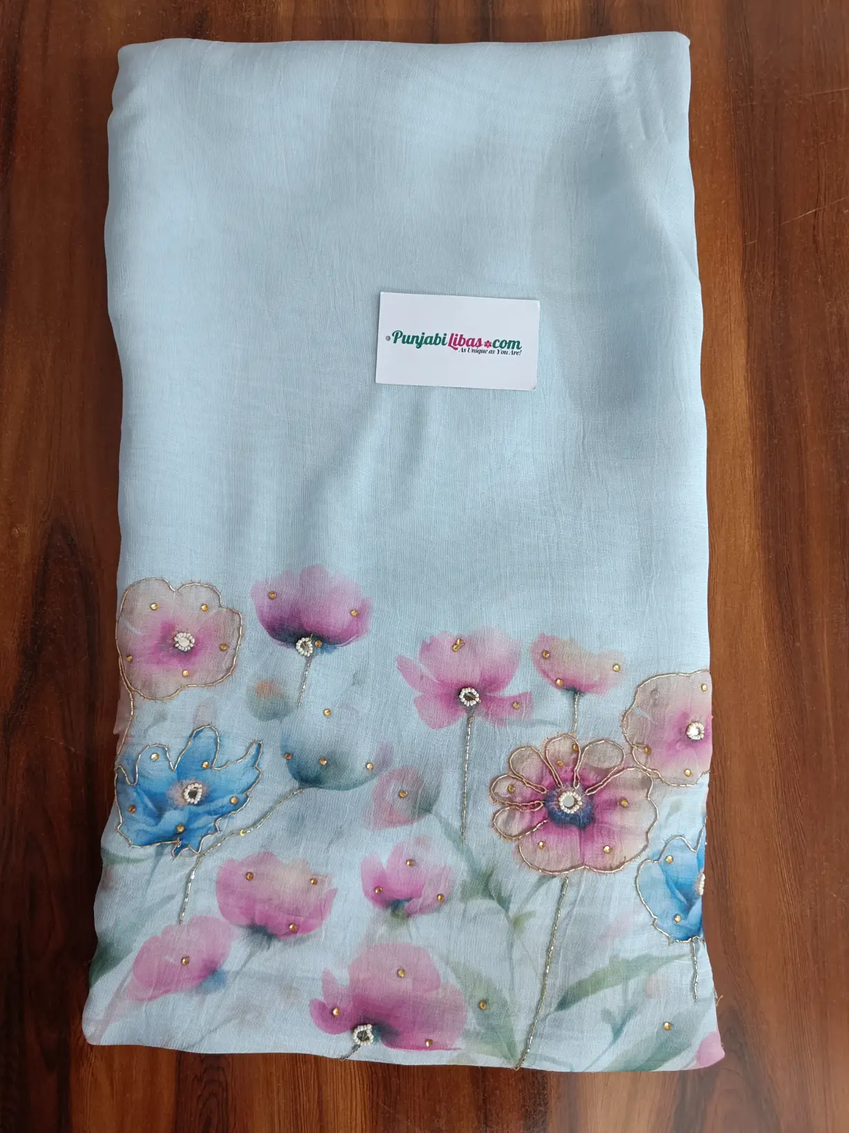 Burberry & Maslin | Light Sky Blue Floral Embroidered | Hand-Painted Tilla Pearl Work | Unstitched Suit Set for Women - Image 4