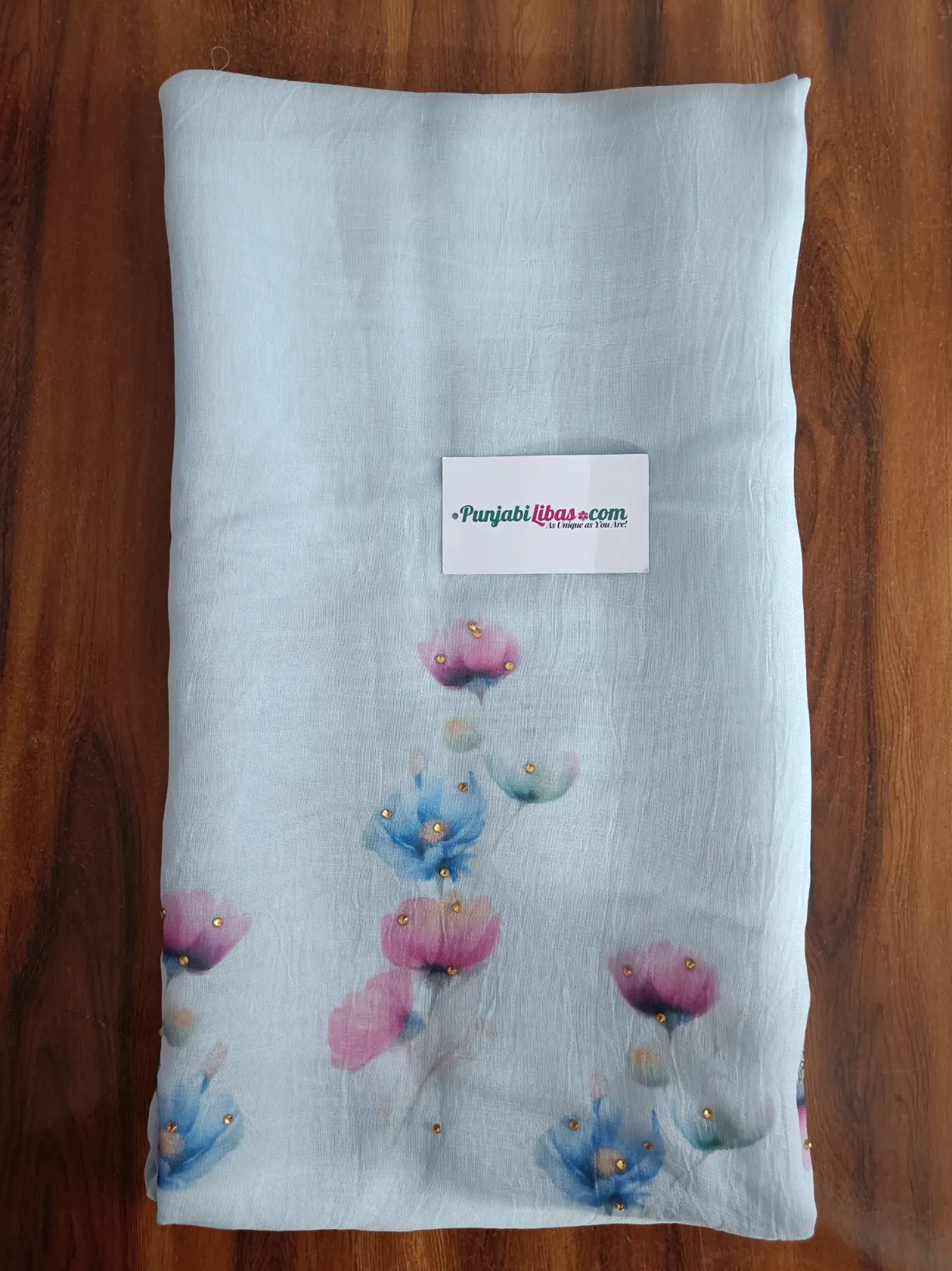 Burberry & Maslin | Light Sky Blue Floral Embroidered | Hand-Painted Tilla Pearl Work | Unstitched Suit Set for Women - Image 3