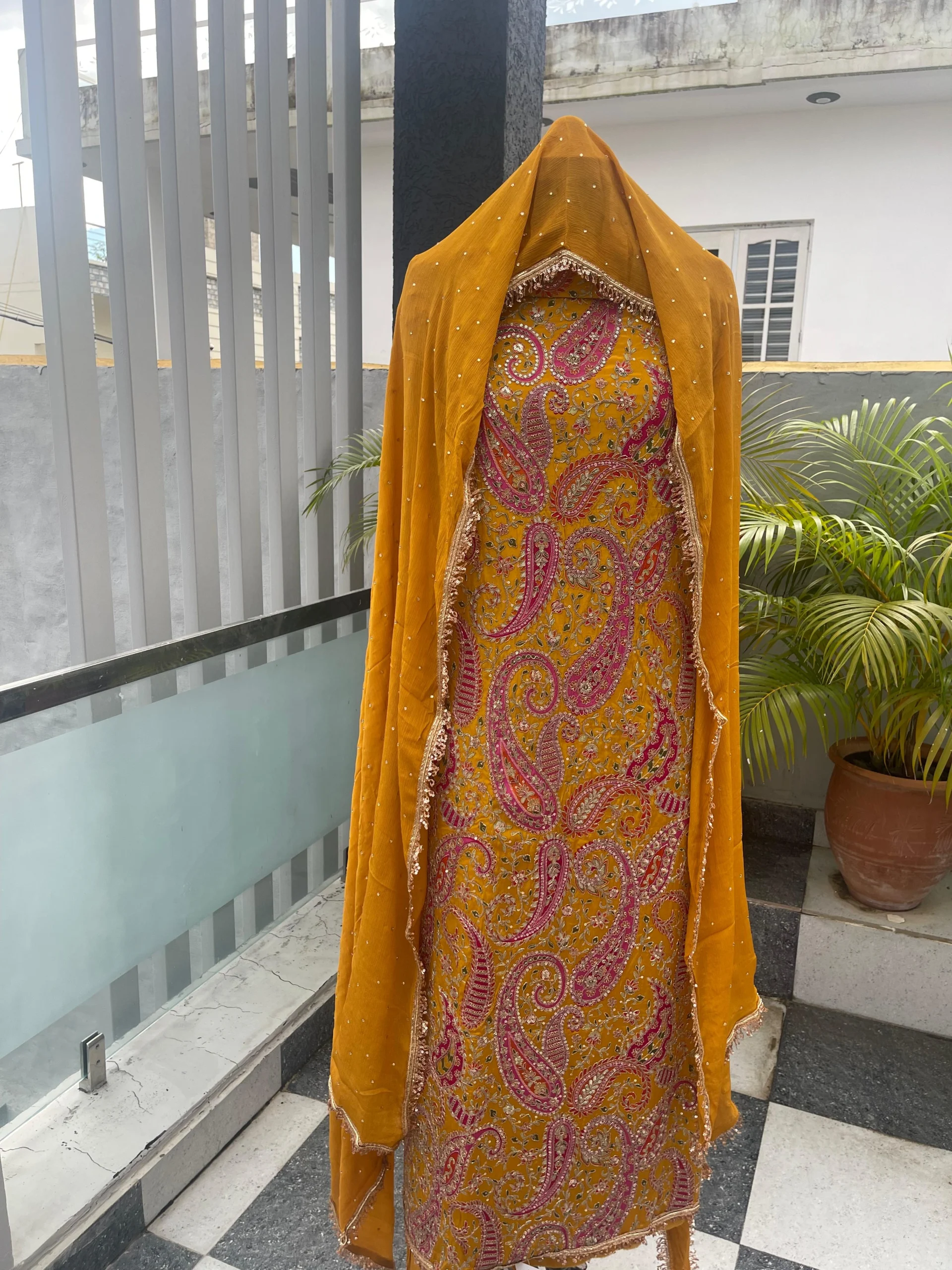 Crepe Fabric | Mustard Yellow Multicolor Embroidered Suit | Paisley & Floral Motif | Unstitched - Image 5