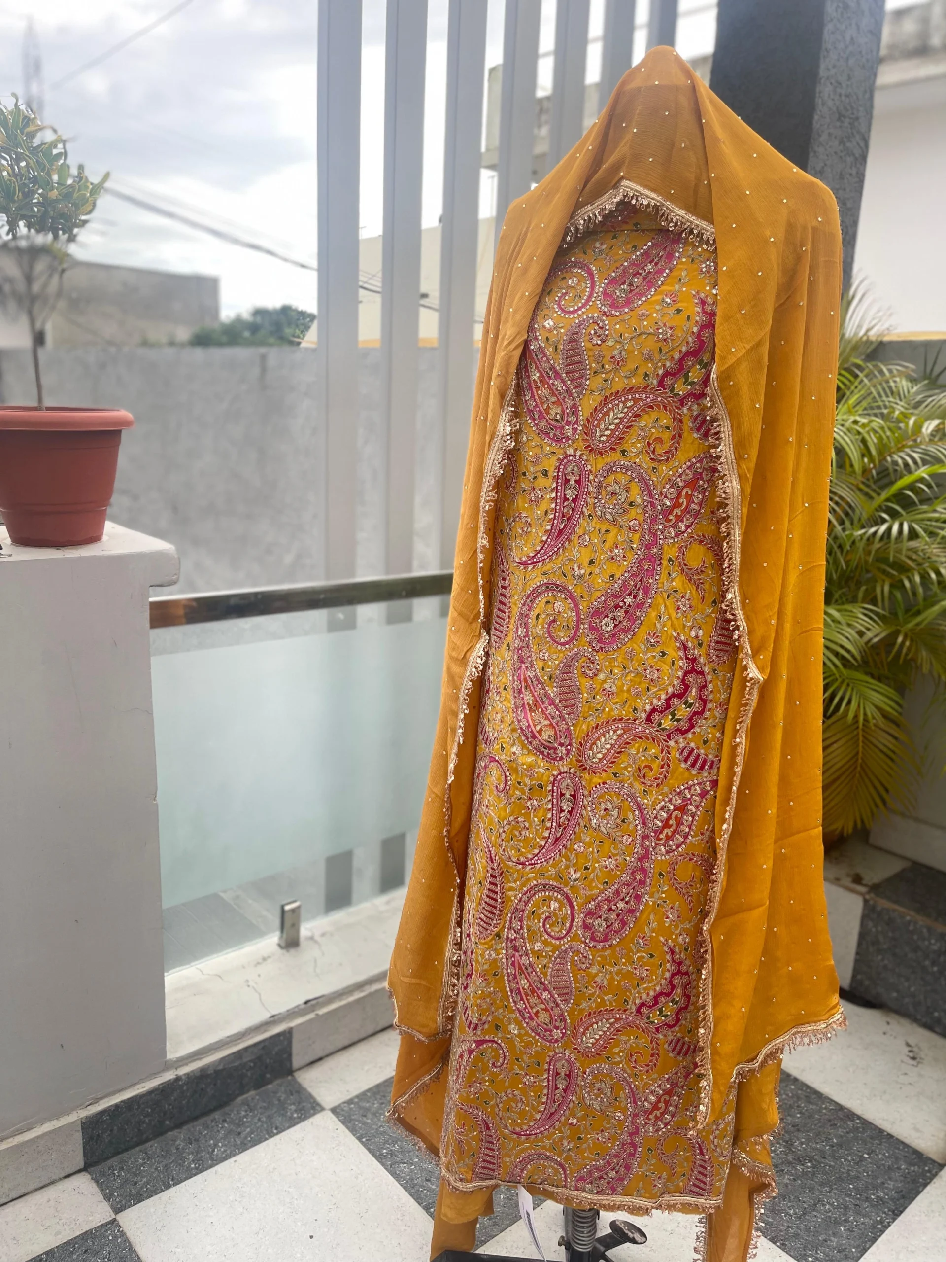 Crepe Fabric | Mustard Yellow Multicolor Embroidered Suit | Paisley & Floral Motif | Unstitched - Image 6
