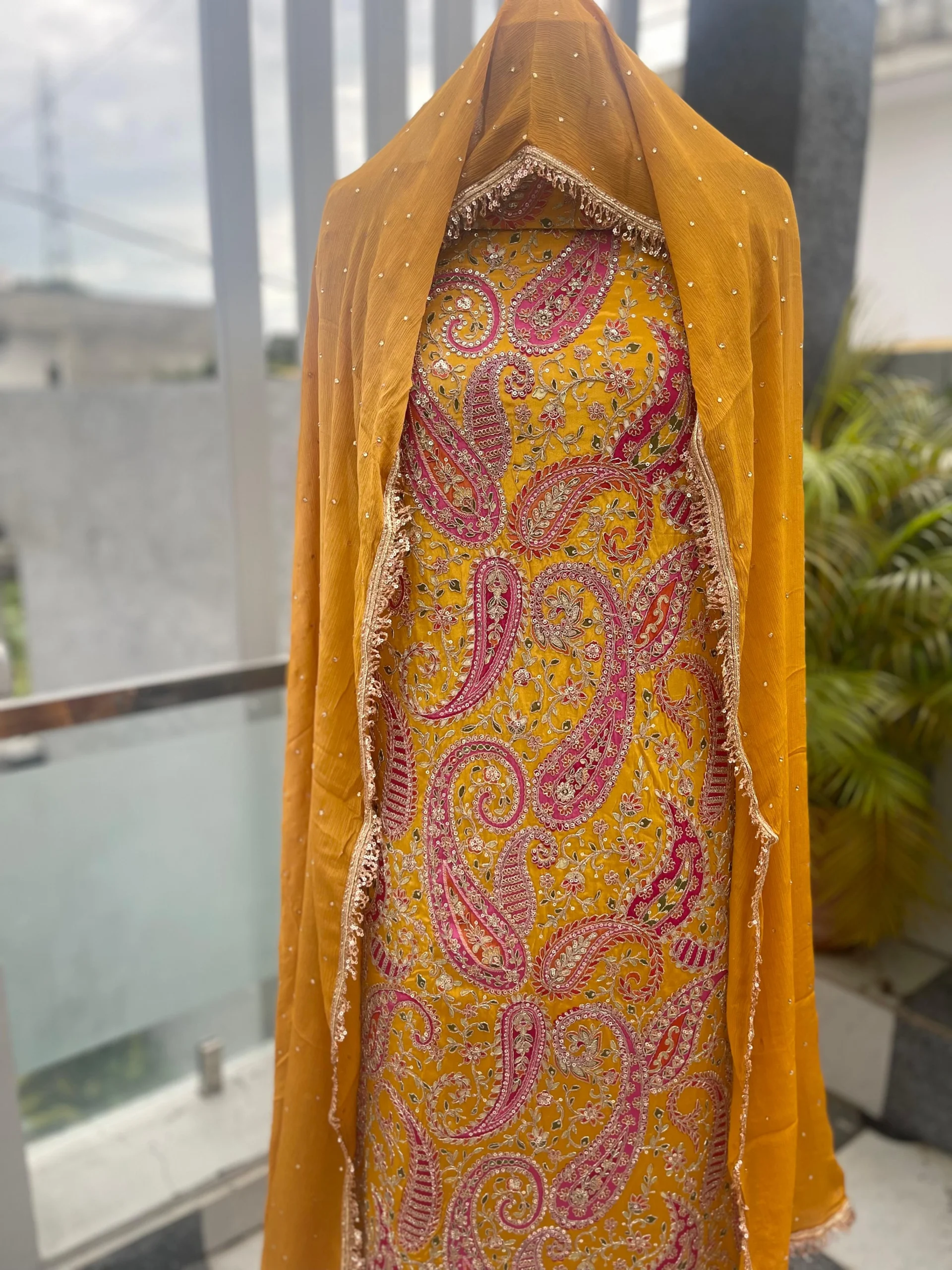 Crepe Fabric | Mustard Yellow Multicolor Embroidered Suit | Paisley & Floral Motif | Unstitched - Image 2