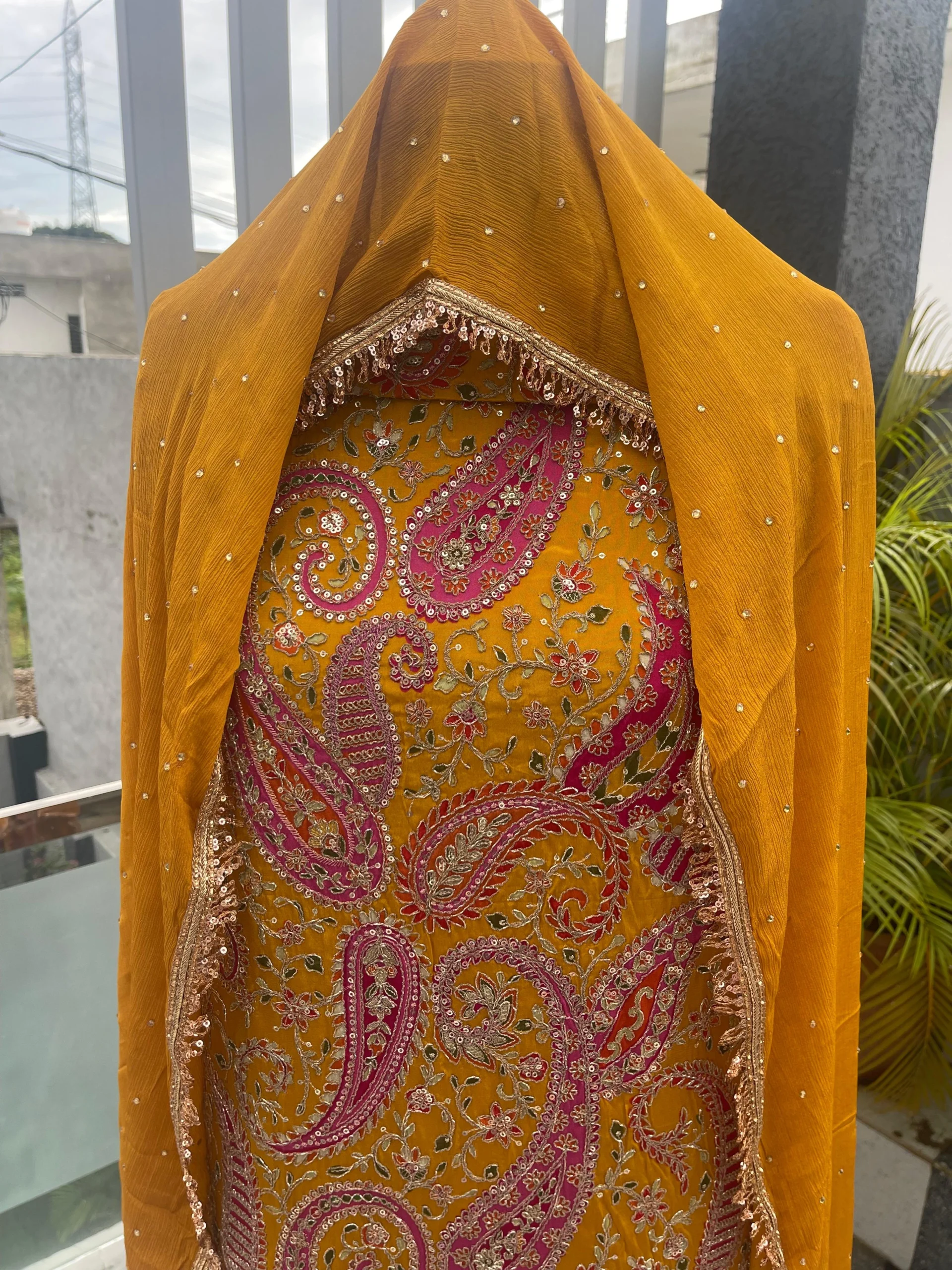 Crepe Fabric | Mustard Yellow Multicolor Embroidered Suit | Paisley & Floral Motif | Unstitched