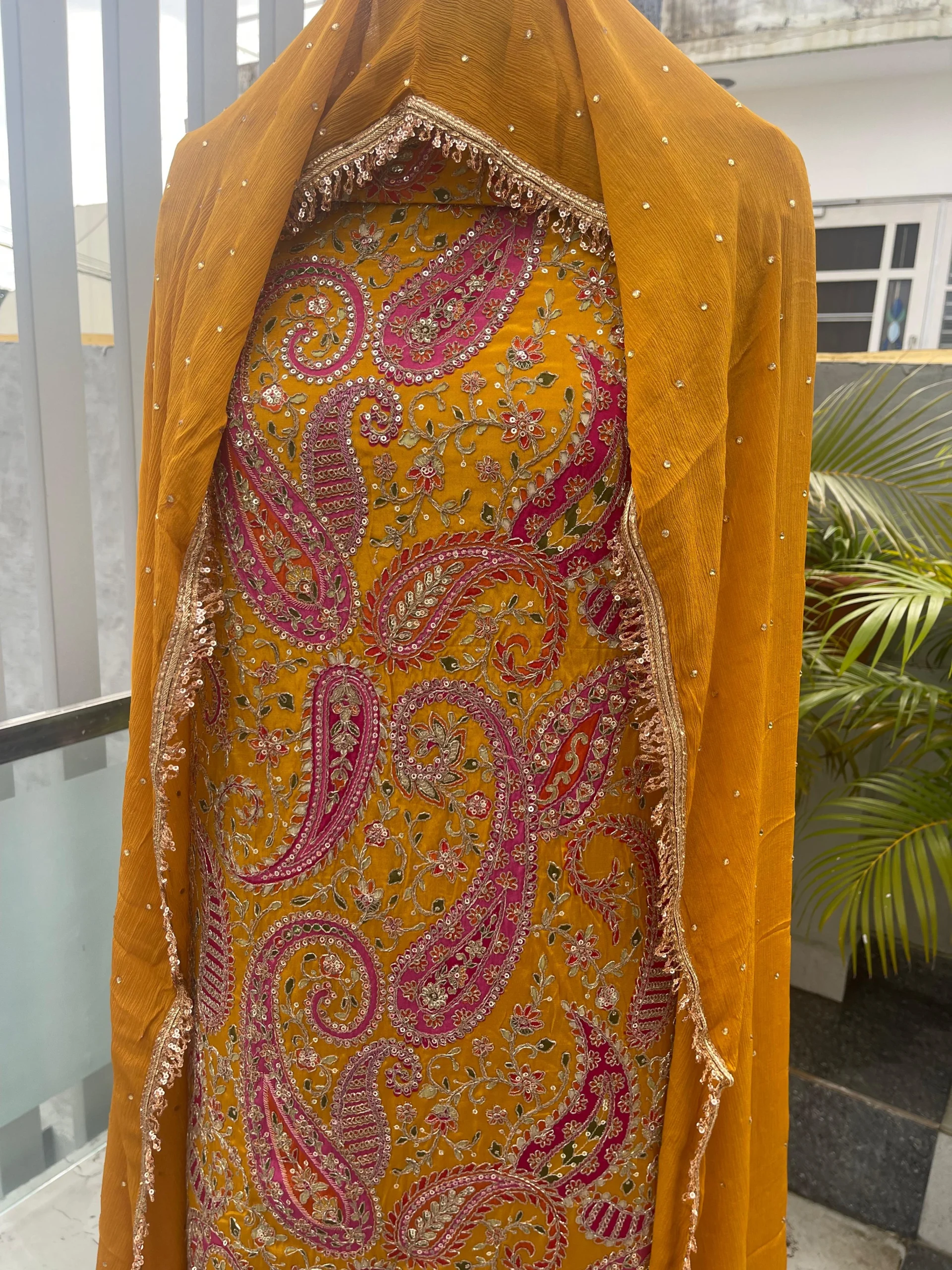 Crepe Fabric | Mustard Yellow Multicolor Embroidered Suit | Paisley & Floral Motif | Unstitched - Image 4