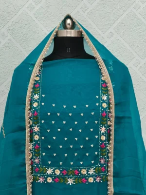 Organza Unstitched Suit with Teal Floral Embroidery and Mirror Work