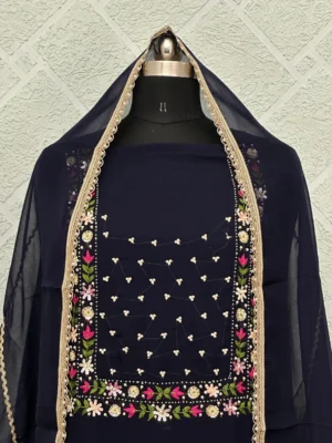 Unstitched Organza Suit Midnight Blue with Floral Embroidery