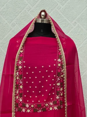 Premium Organza Unstitched Suit with Pink Magenta Floral Embroidery
