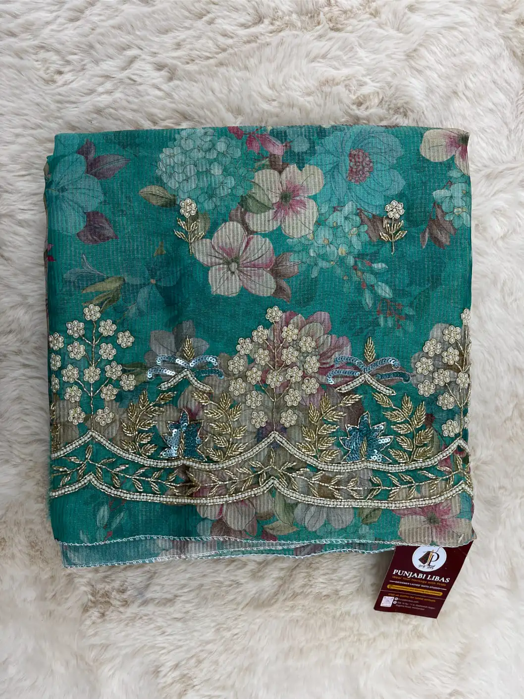 Unstitched Shimmer Silk Suit Teal colour | Heavy Embroidered Floral Pattern - Image 3