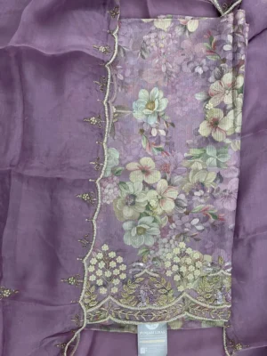 Unstitched shimmer suit in soft purple with floral embroidery and Chinnon dupatta