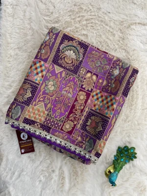 Banarsi Kheen Khaab Unstitched Suit with Purple Embroidery and Mirror Work Dupatta