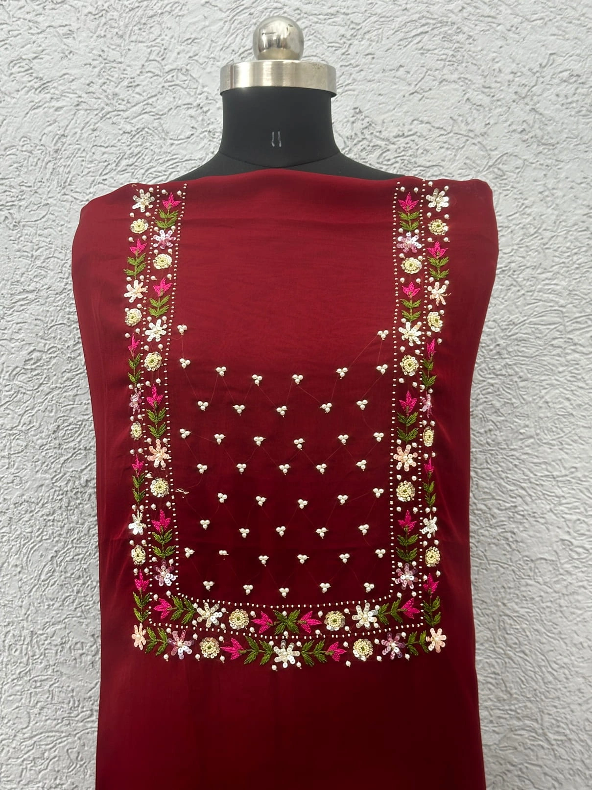 Organza Deep Maroon Embroidered Unstitched Suit
