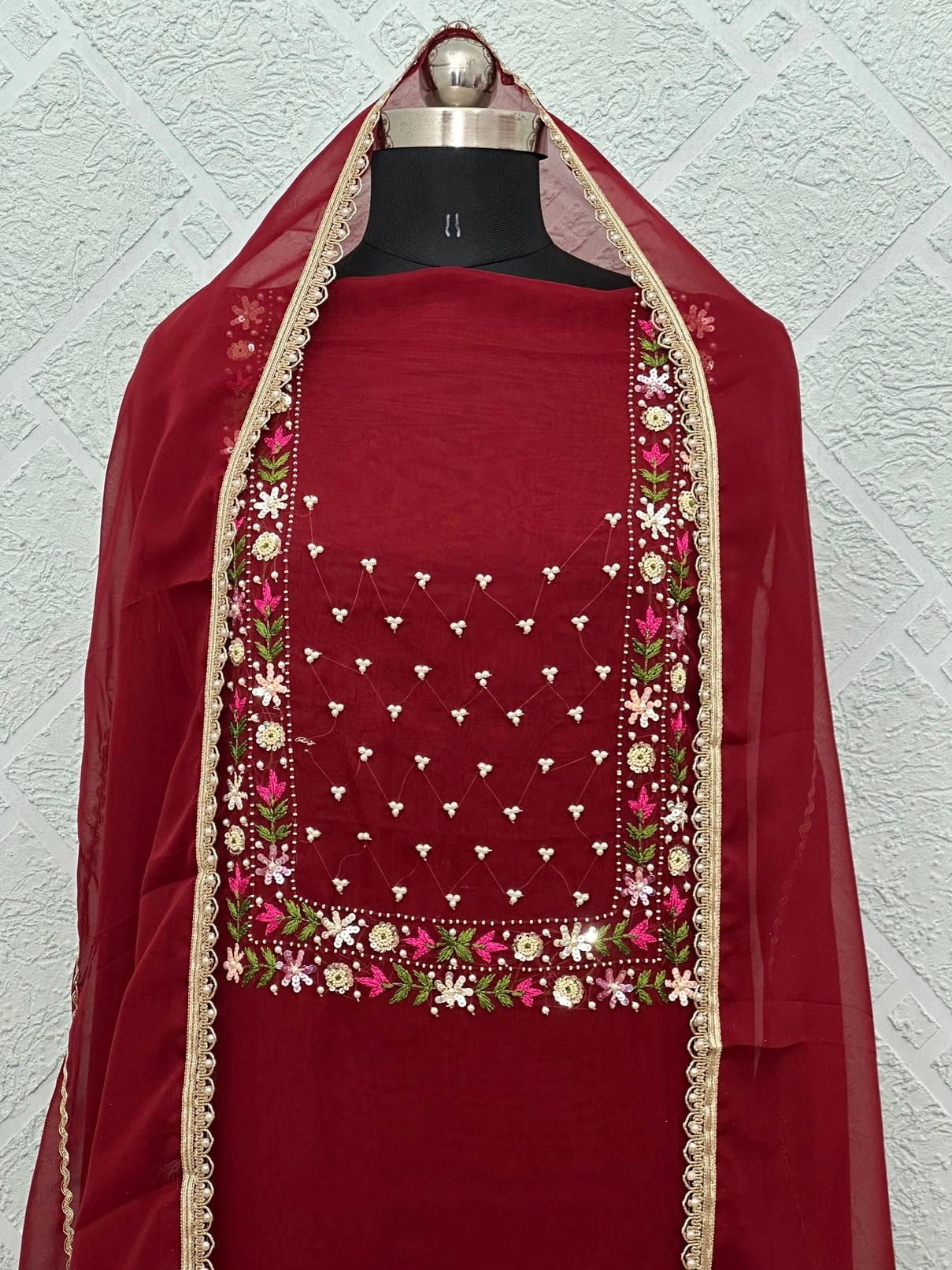 Organza Deep Maroon Embroidered Unstitched Suit