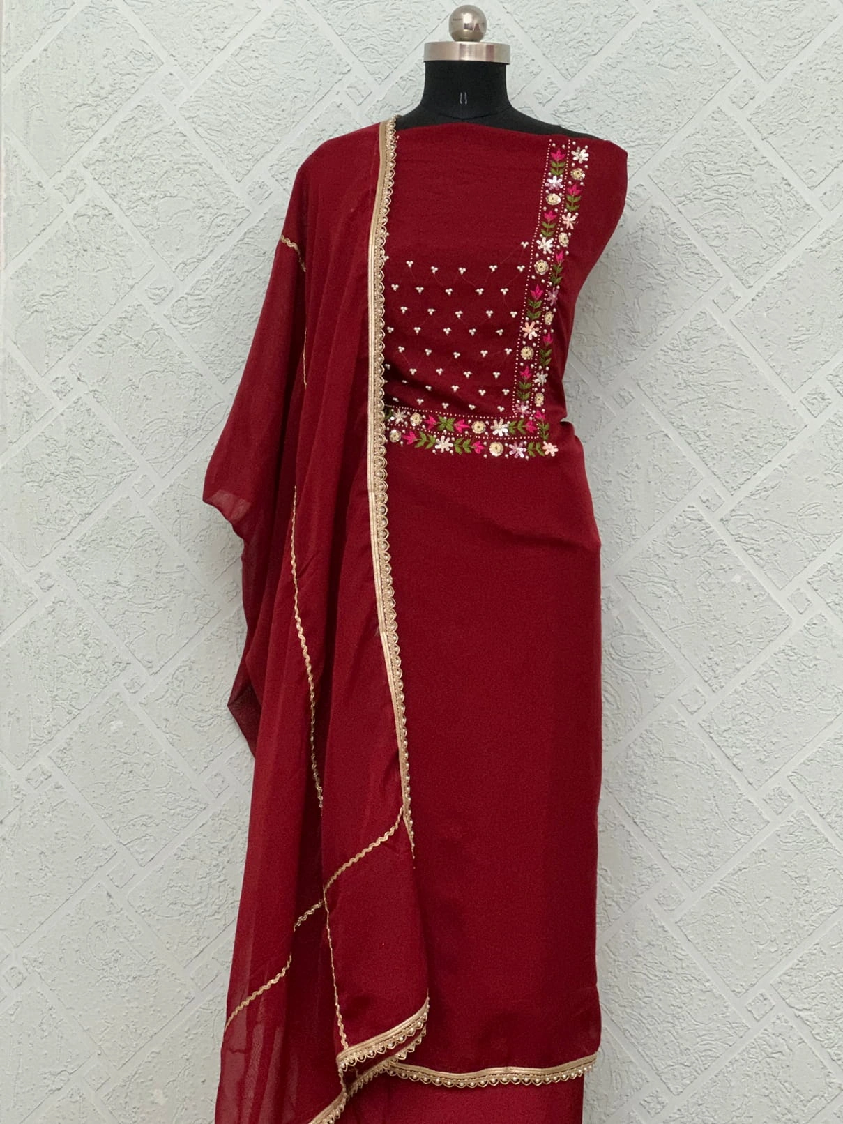 Organza Deep Maroon Embroidered Unstitched Suit - Image 5