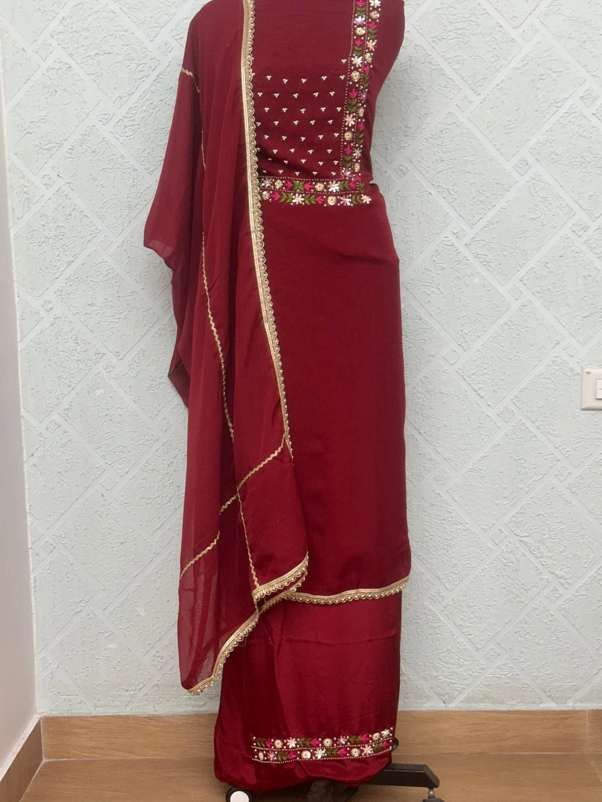 Organza Deep Maroon Embroidered Unstitched Suit - Image 4