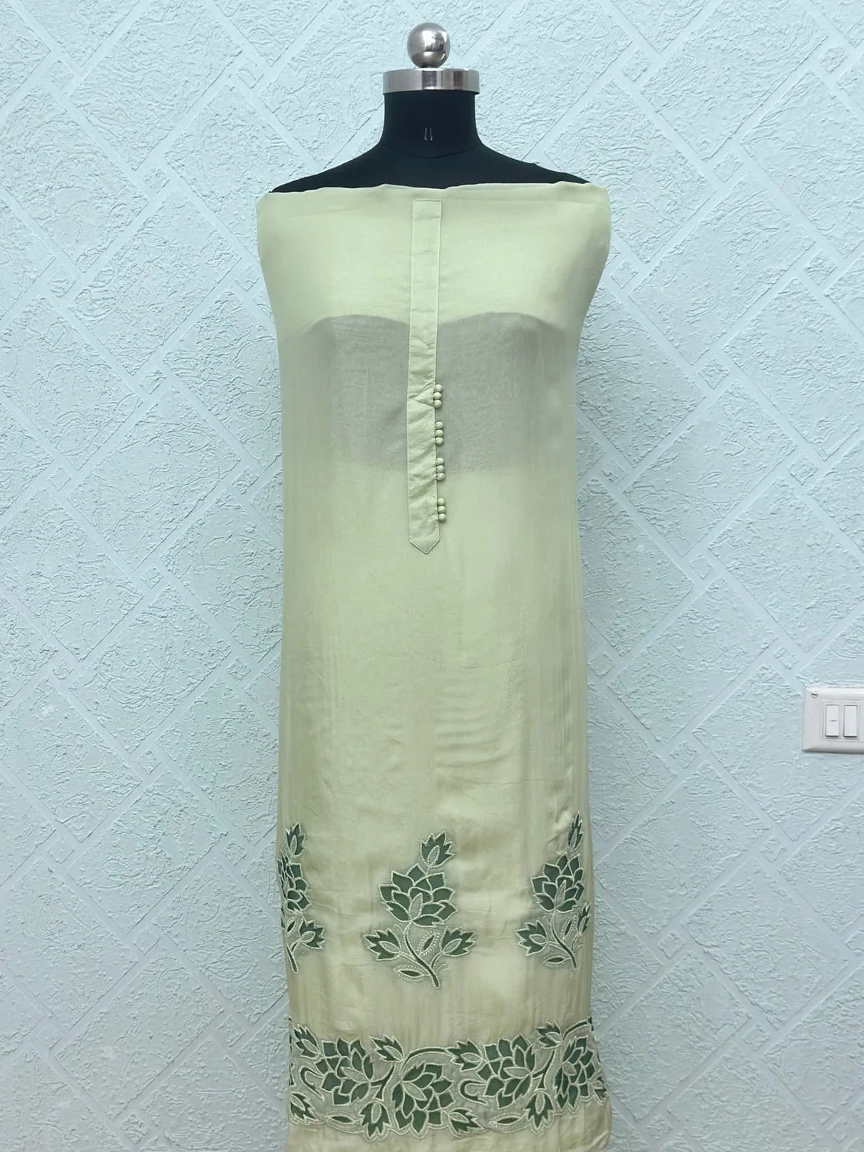 Organza Unstitched Suit with Cutwork Light Yellow & Green Floral Embroidery Pattern - Image 2
