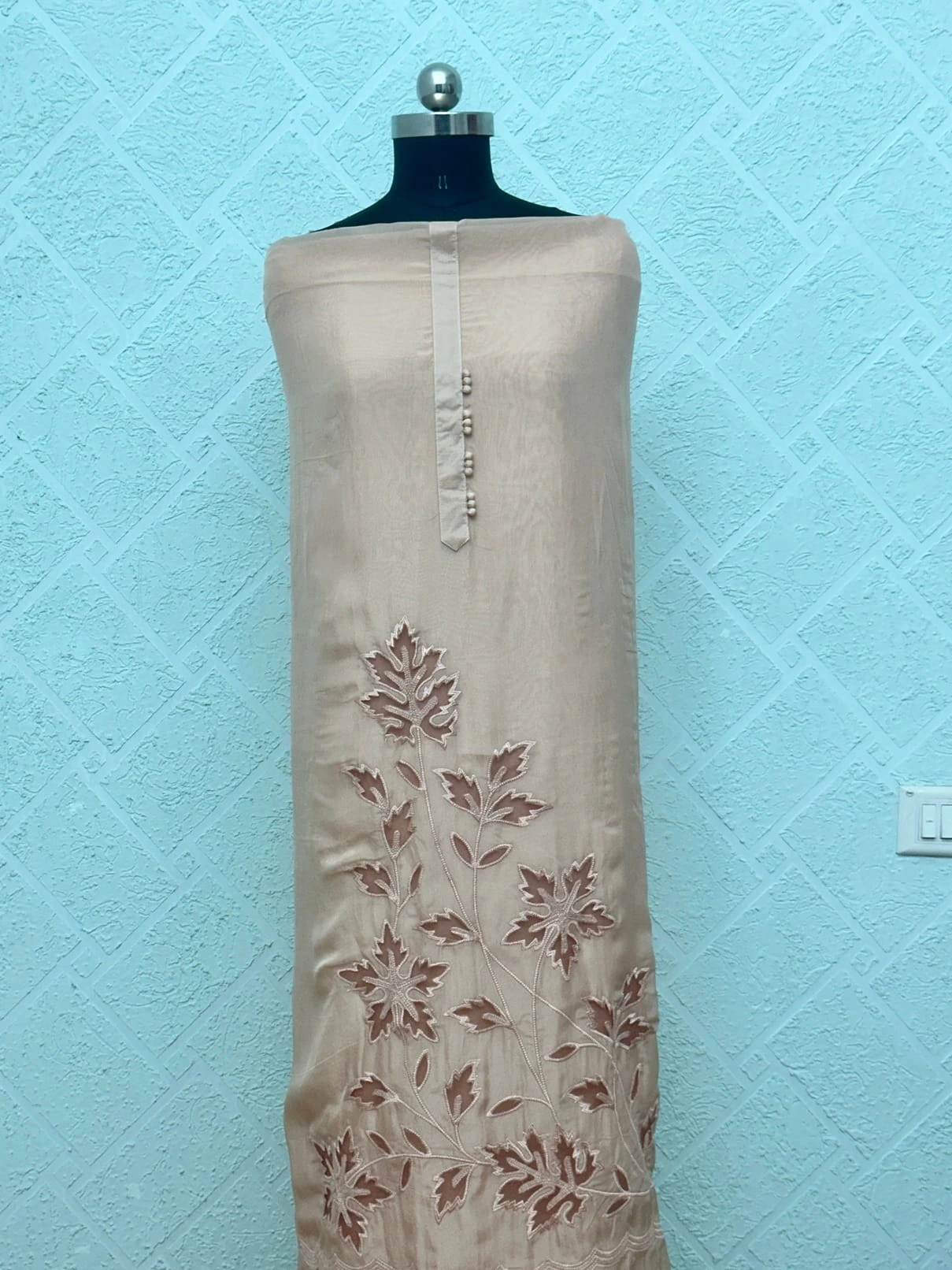 Self Organza with Cutwork Unstitched Suit Beige & Rust Embroidered - Image 4