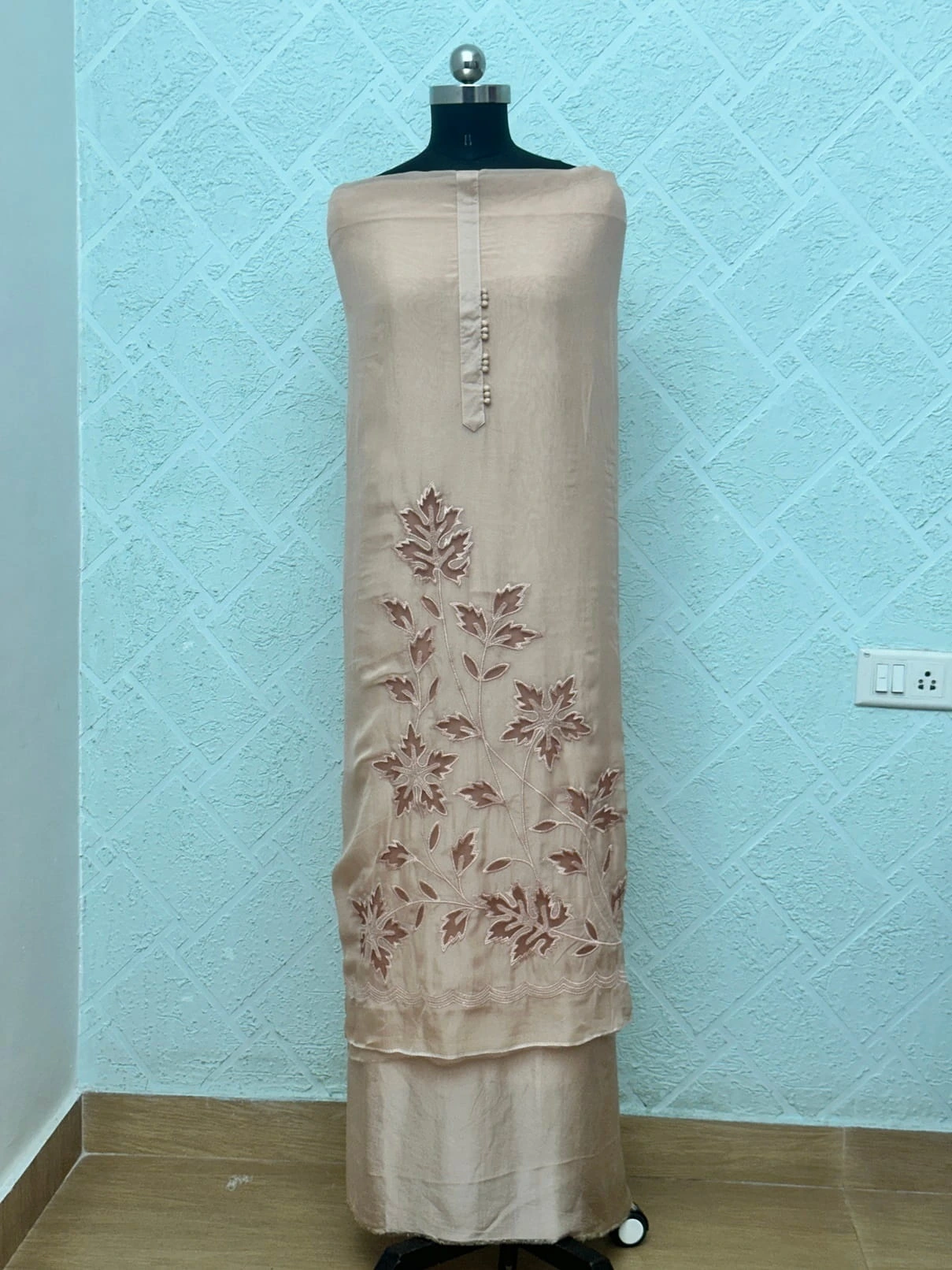Self Organza with Cutwork Unstitched Suit Beige & Rust Embroidered - Image 5