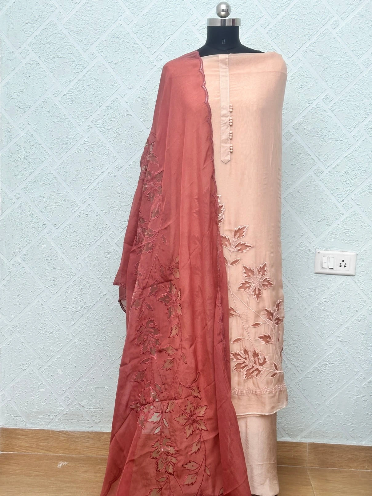 Self Organza with Cutwork Unstitched Suit Beige & Rust Embroidered - Image 3