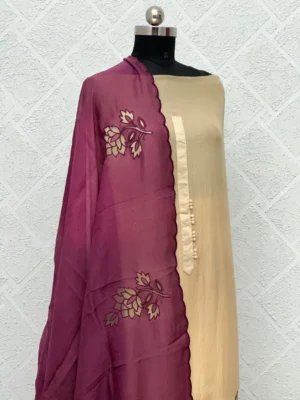 Organza with Cutwork Unstitched Suit Beige & Maroon Embroidery