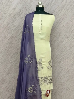 Organza Cutwork Unstitched Suit Beige & Purple Floral Embroidery