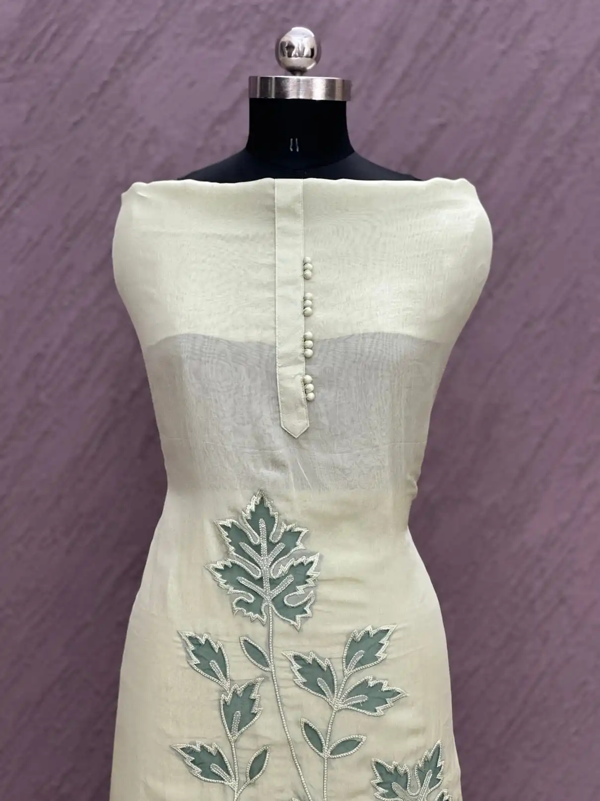 Organza with Cutwork Unstitched Suit Cream & Pastel Green Embroidered - Image 2