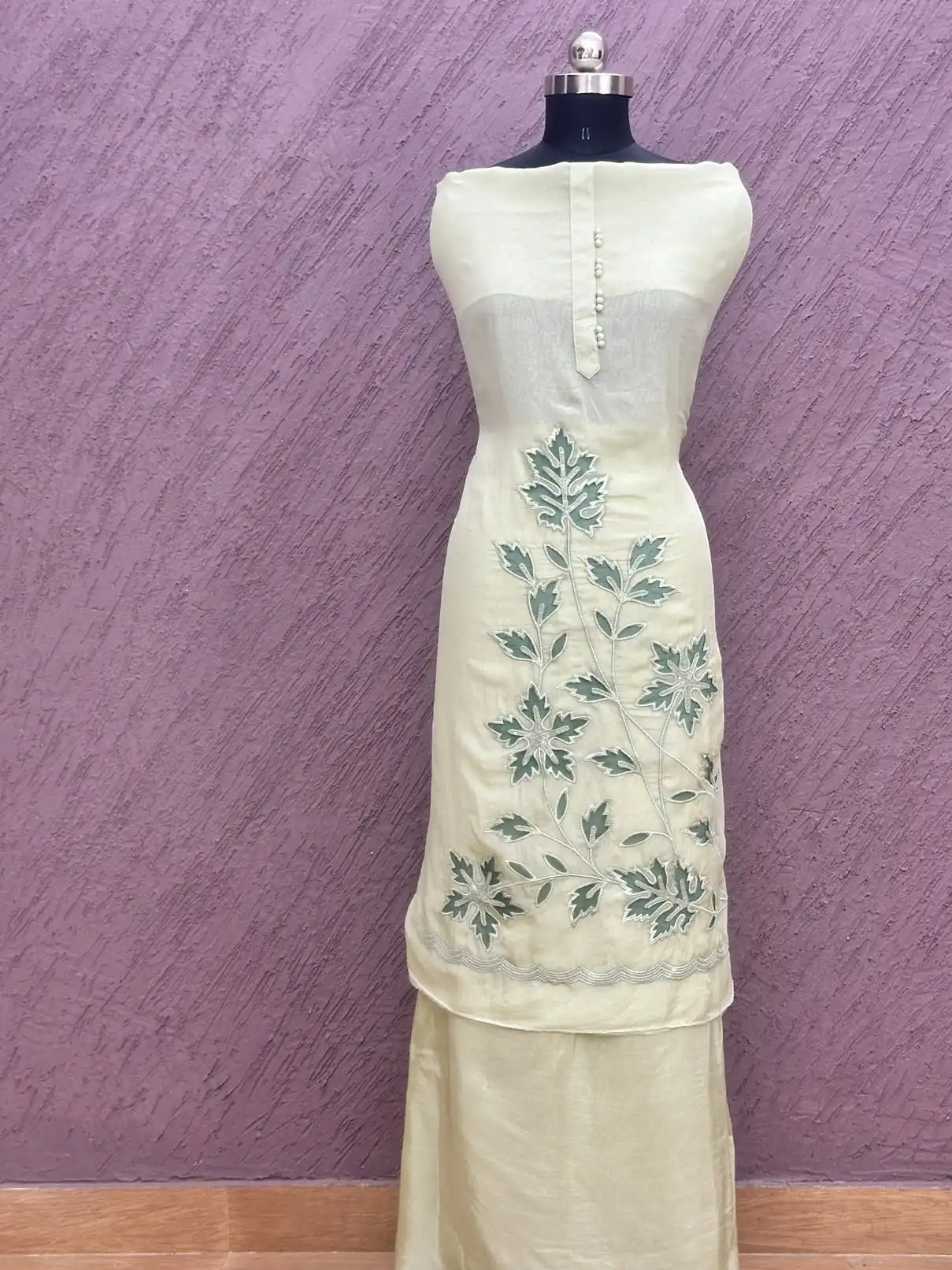 Organza with Cutwork Unstitched Suit Cream & Pastel Green Embroidered - Image 3