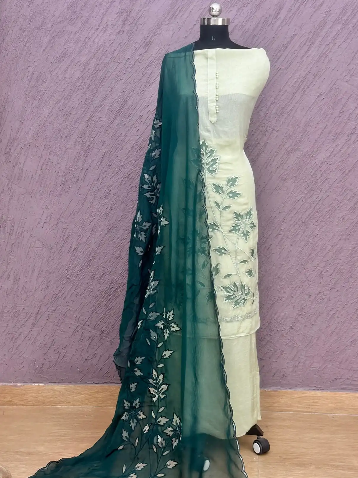 Organza with Cutwork Unstitched Suit Cream & Pastel Green Embroidered